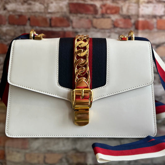 Gucci White Leather Sylvie Shoulder Bag