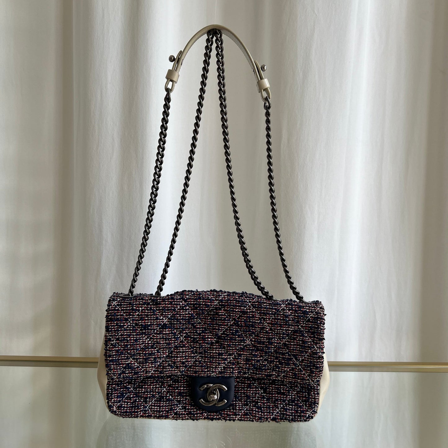 CHANEL Quilted Single Flap Medium Blue Multicolor Tweed/ Matelasse Shoulder Bag