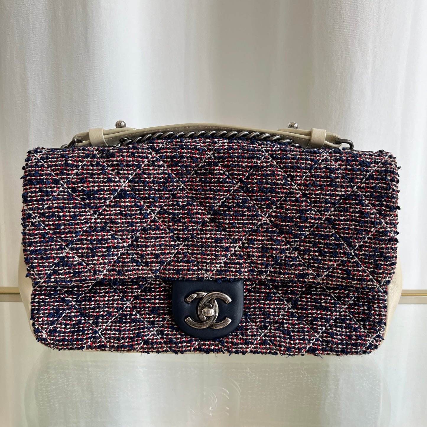 CHANEL Quilted Single Flap Medium Blue Multicolor Tweed/ Matelasse Shoulder Bag