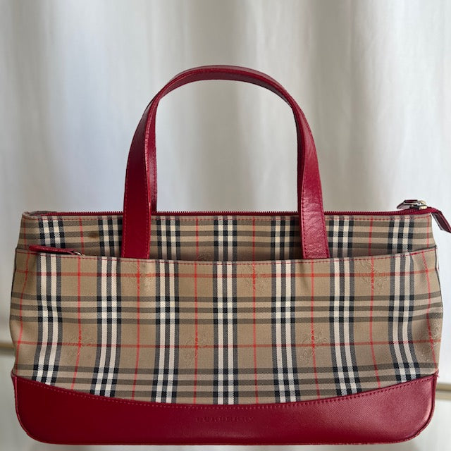 BURBERRY Red Leather x Beige Canvas Nova Check Canvas Handbag Tote