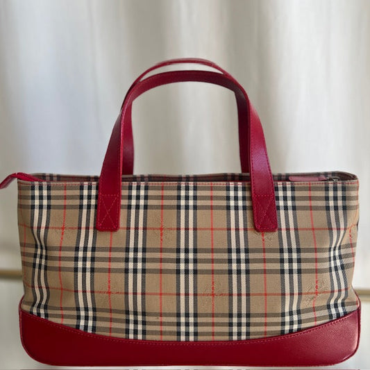 BURBERRY Red Leather x Beige Canvas Nova Check Canvas Handbag Tote