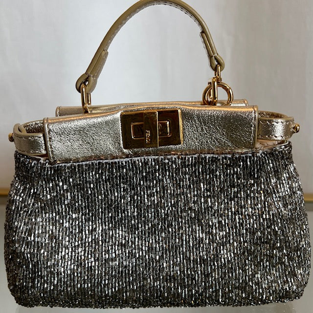 FENDI Champagne Leather/ Beaded Micro Peeakboo Handbag