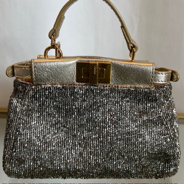 FENDI Champagne Leather/ Beaded Micro Peeakboo Handbag