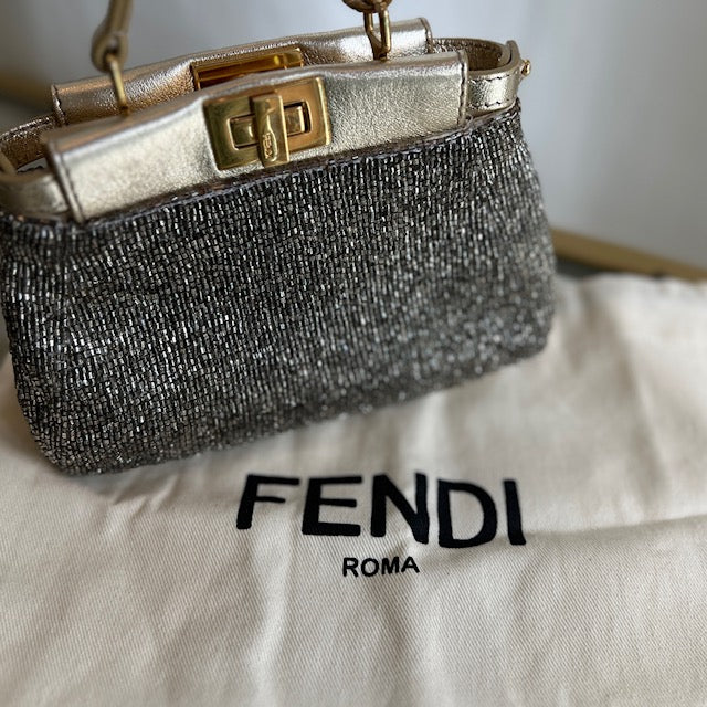 FENDI Champagne Leather/ Beaded Micro Peeakboo Handbag