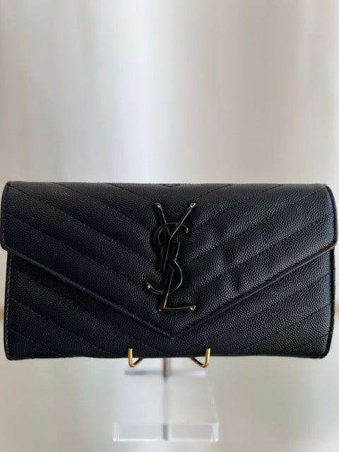 SAINT LAURENT Black Caviar Leather Cassandra YSL Flap Wallet