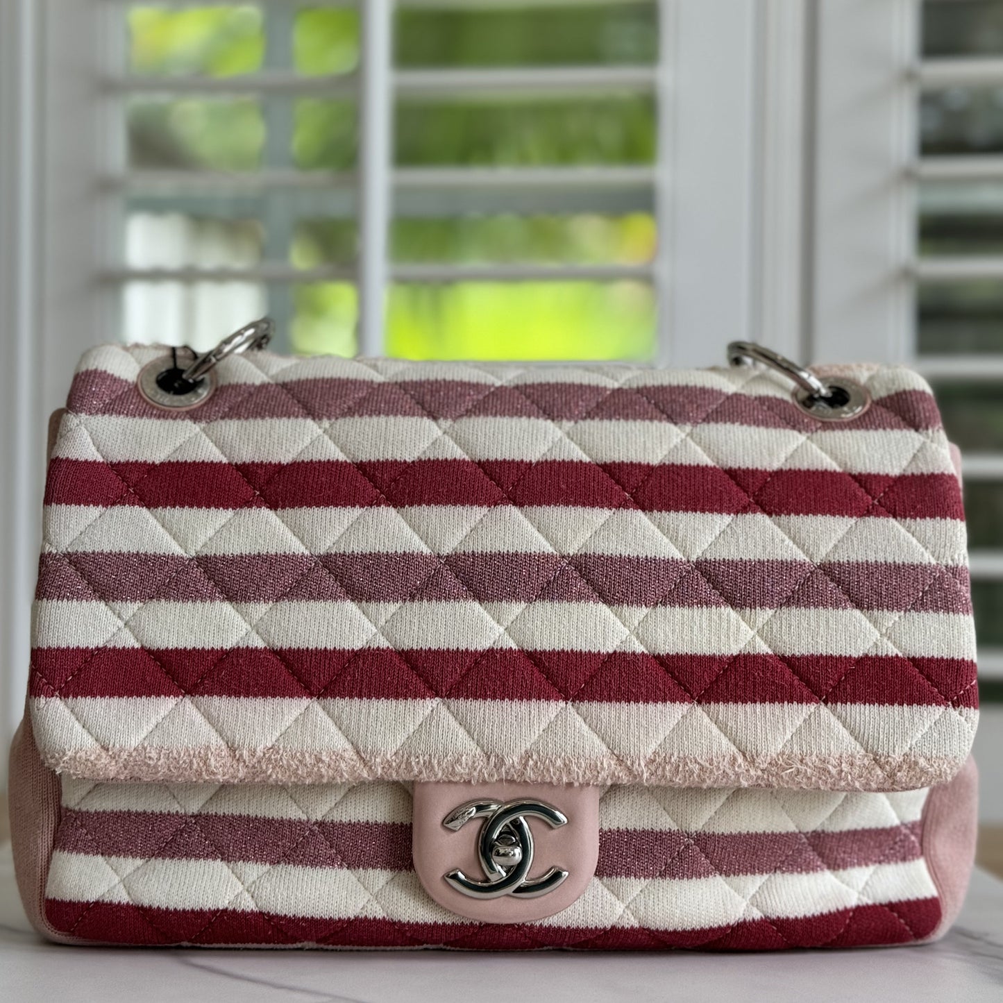 CHANEL Red White Pink Jersey Quilted Jumbo Flap