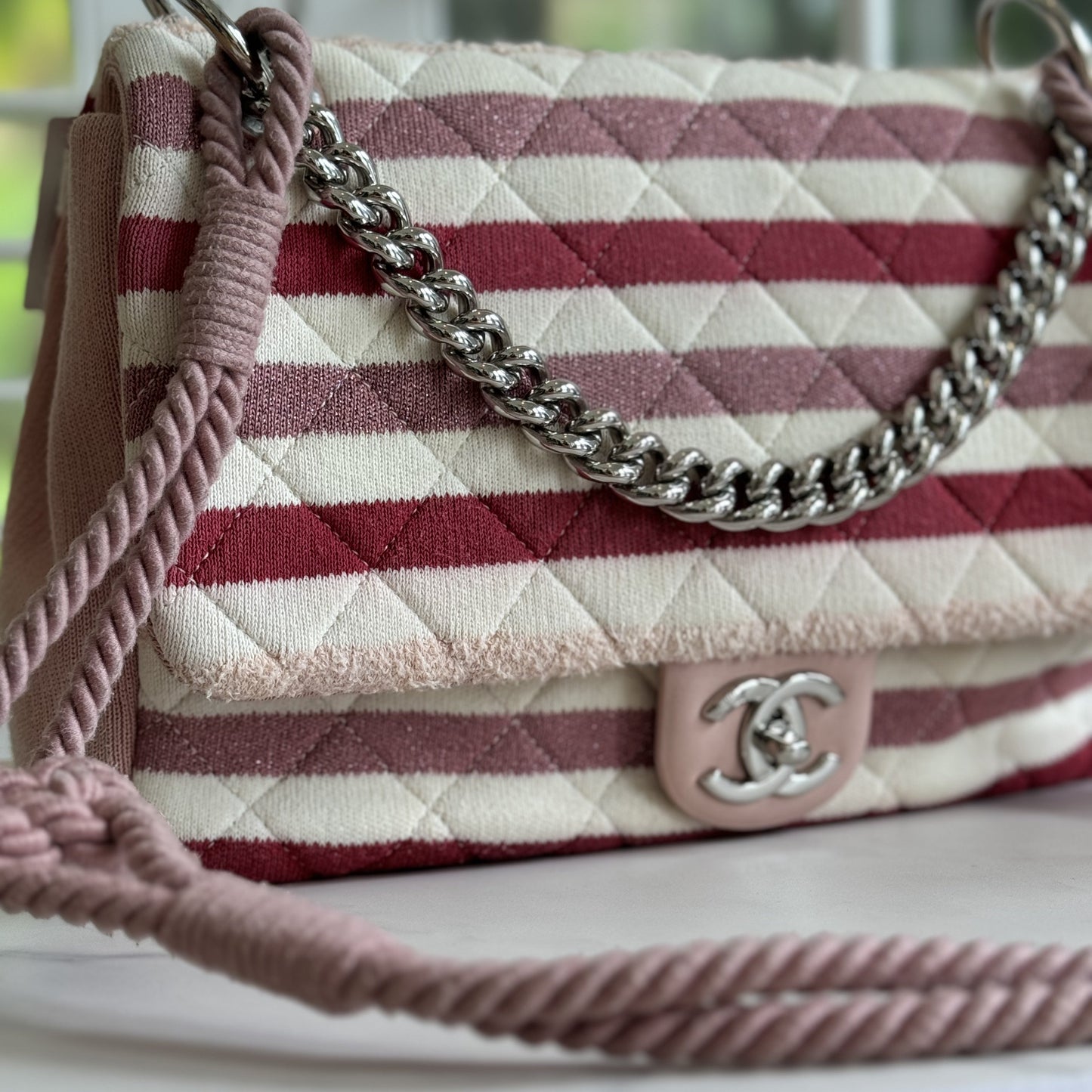 CHANEL Red White Pink Jersey Quilted Jumbo Flap