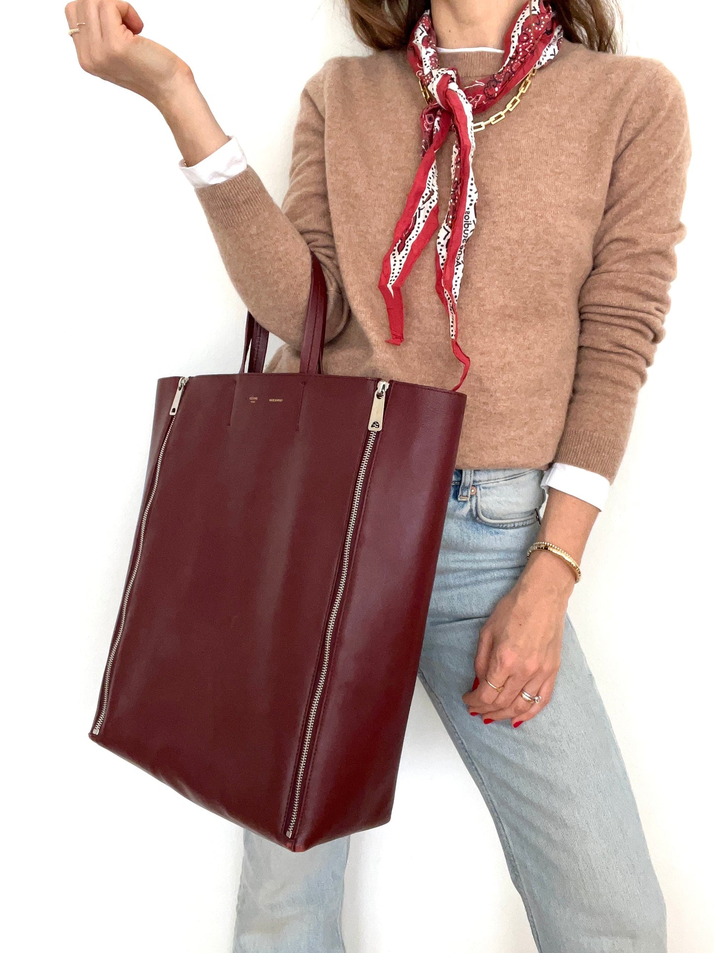 Burgundy Cabas Vertical Leather Tote