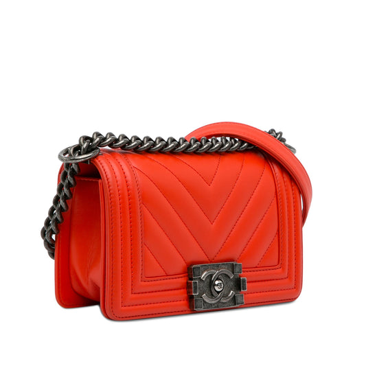 Chanel Boy Flap Small Red Chevron Lambskin Gold