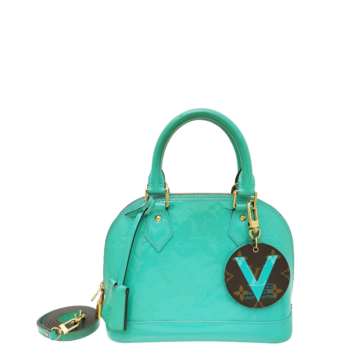 Louis Vuitton Blue Lagoon Monogram Vernis Alma BB Bag W/ V Illustre Key Holder Bag Charm