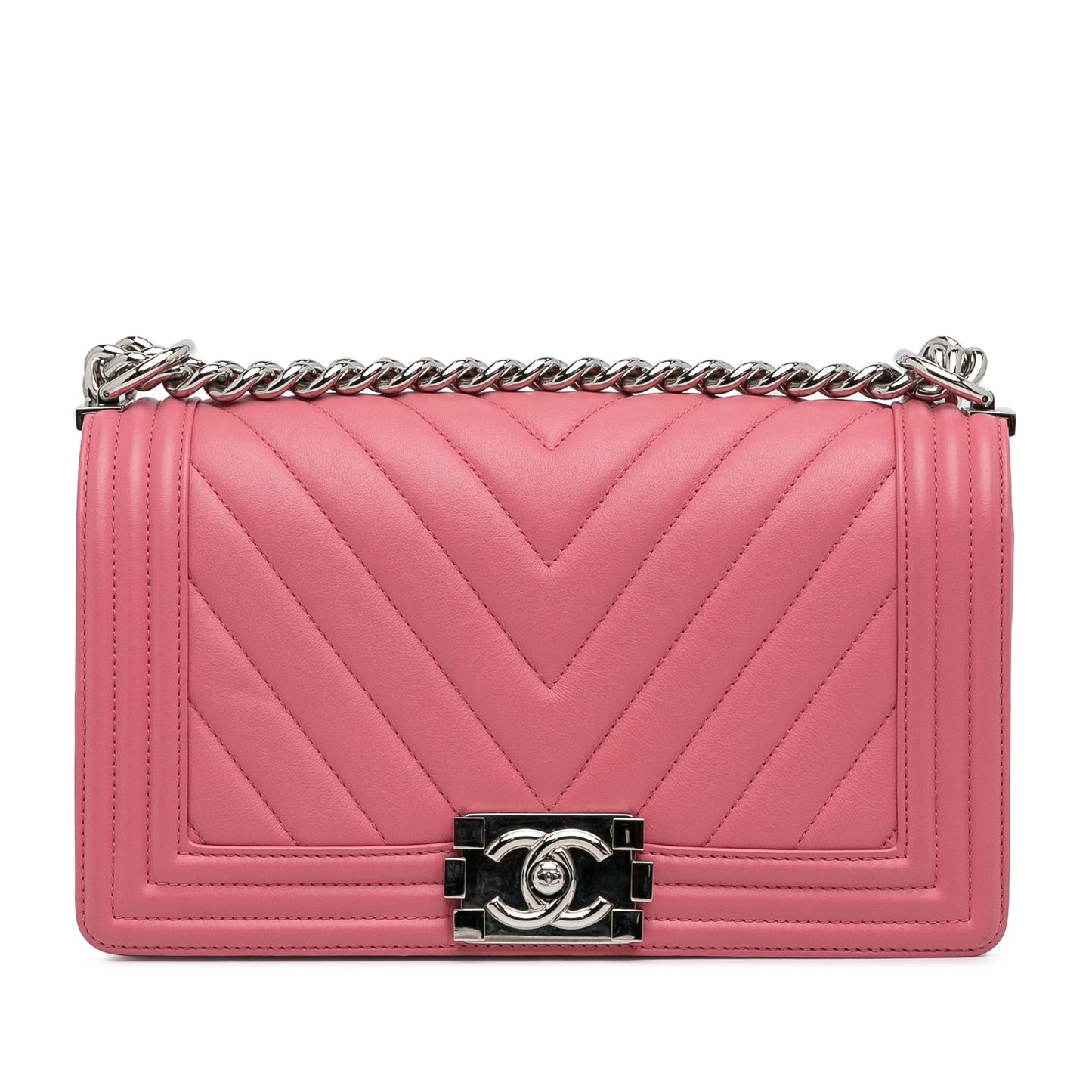 Chanel Boy Flap Medium Pink Chevron Lambskin Silver