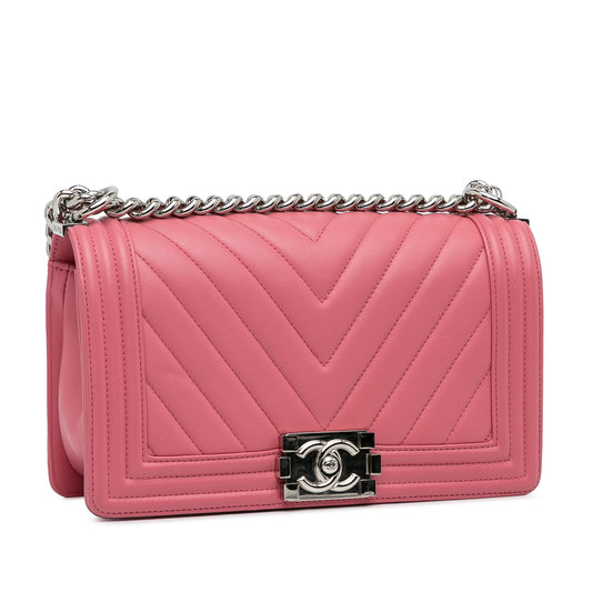 Chanel Boy Flap Medium Pink Chevron Lambskin Silver