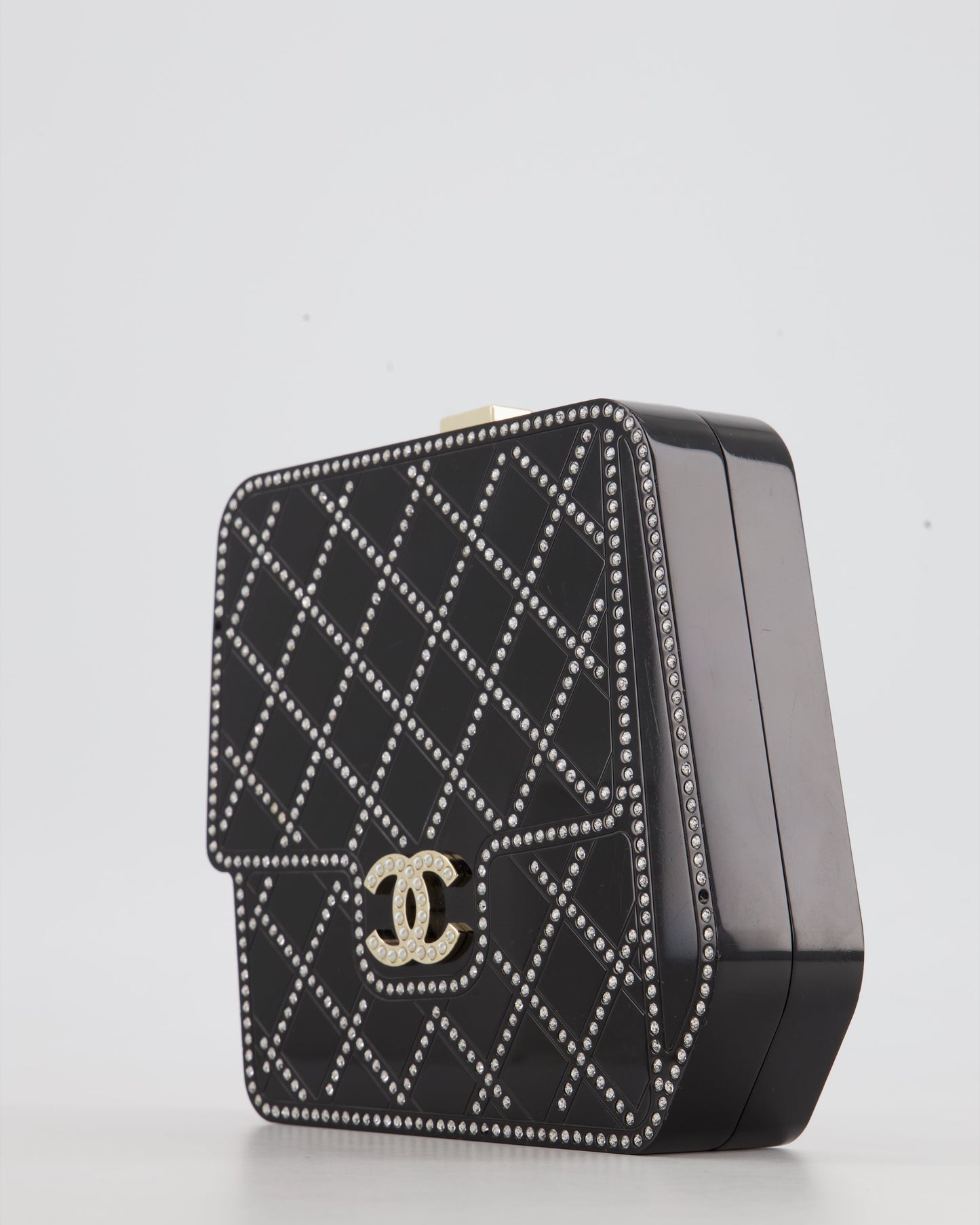 *COLLECTORS ITEM* Chanel Black Acrylic Crossbody Box Bag with Crystal with Pearl Embellishment and Champagne Gold Hardware