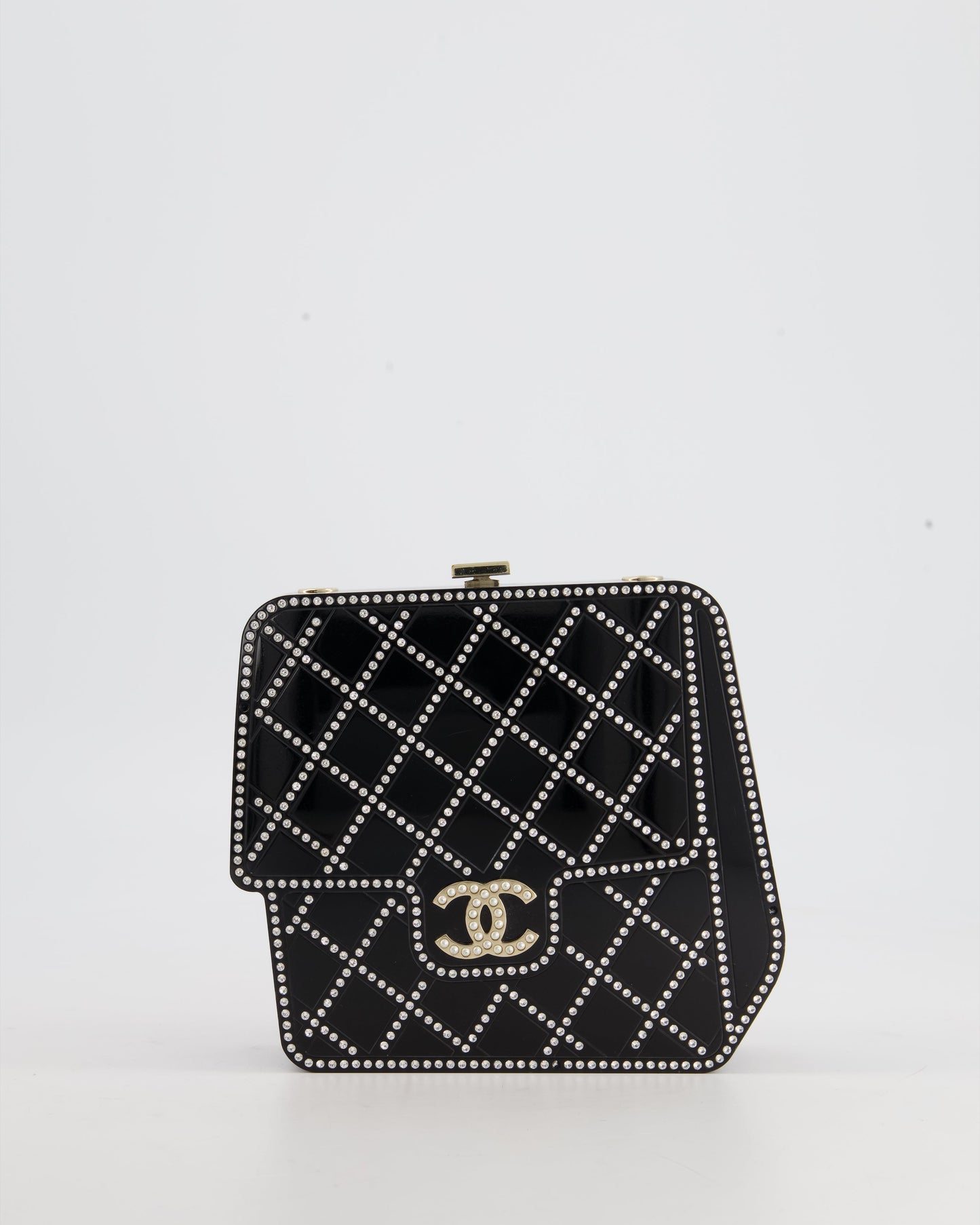 *COLLECTORS ITEM* Chanel Black Acrylic Crossbody Box Bag with Crystal with Pearl Embellishment and Champagne Gold Hardware