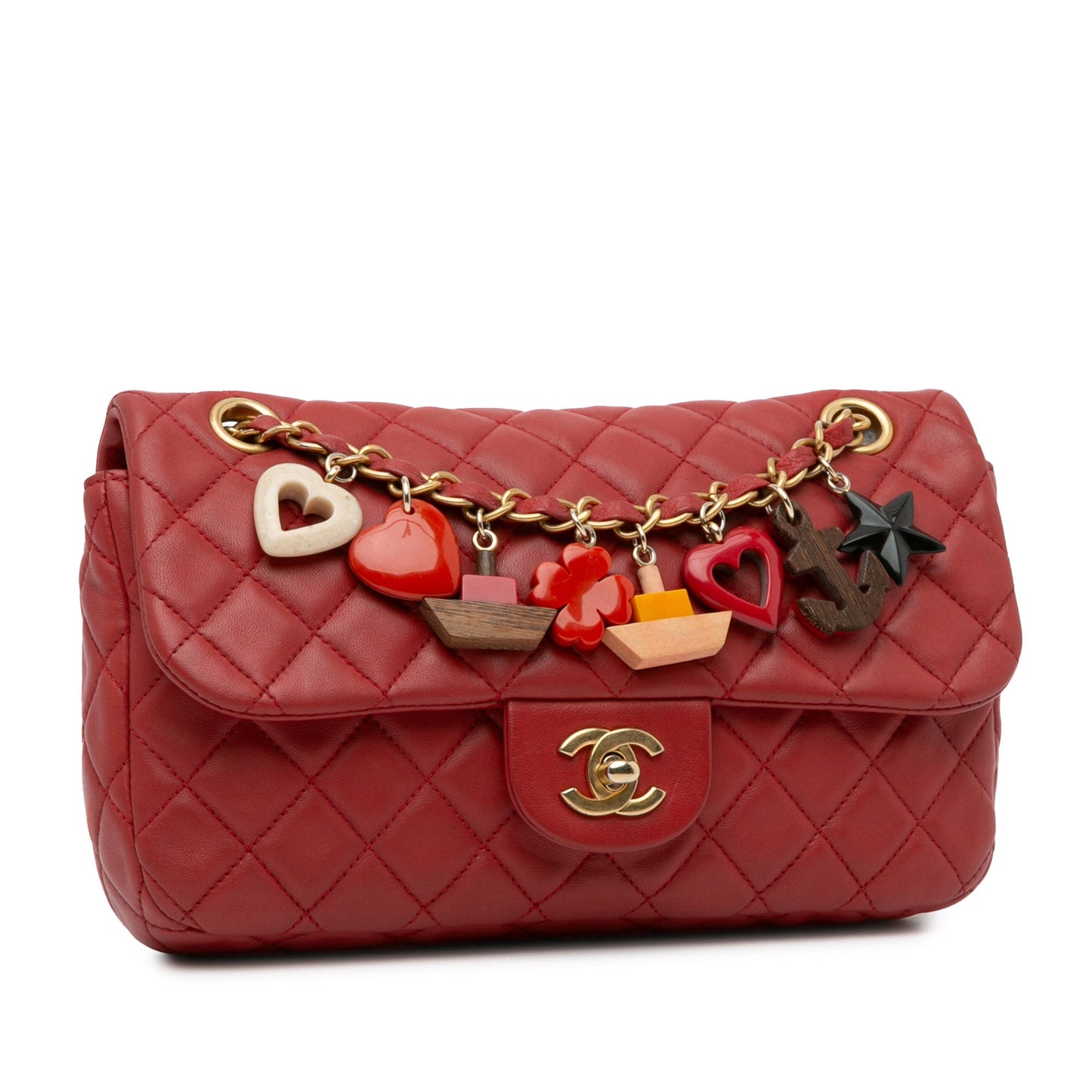 Chanel Classic Single Flap Cruise Charm Medium Red Lambskin Gold