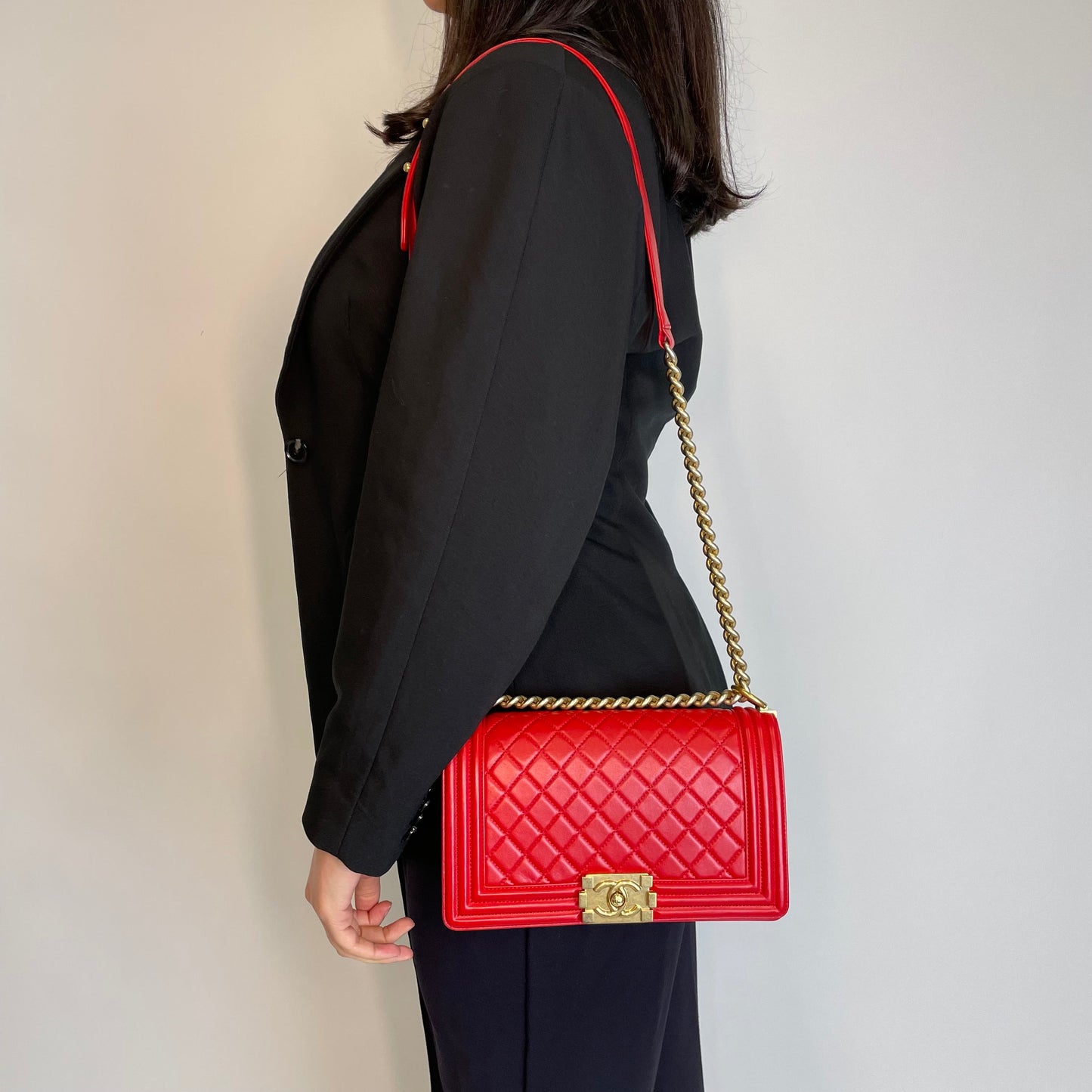 Chanel Bright Red Lambskin Old Medium Classic Boy Bag 2015/16