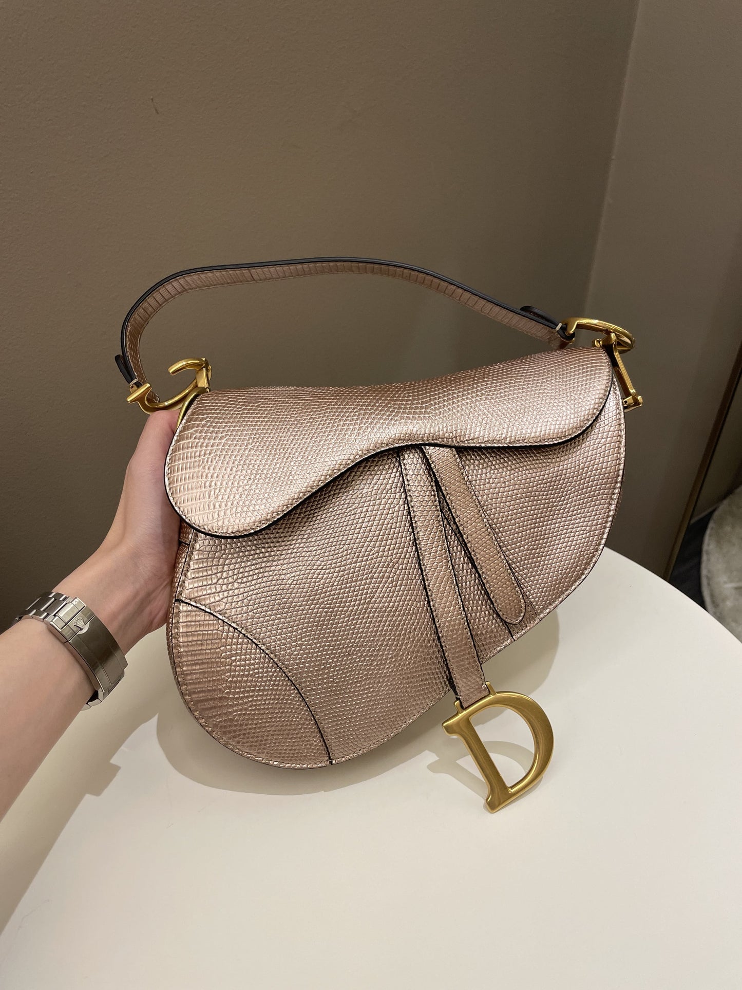 Dior Saddle Bag Rose Gold Exotic Lizard