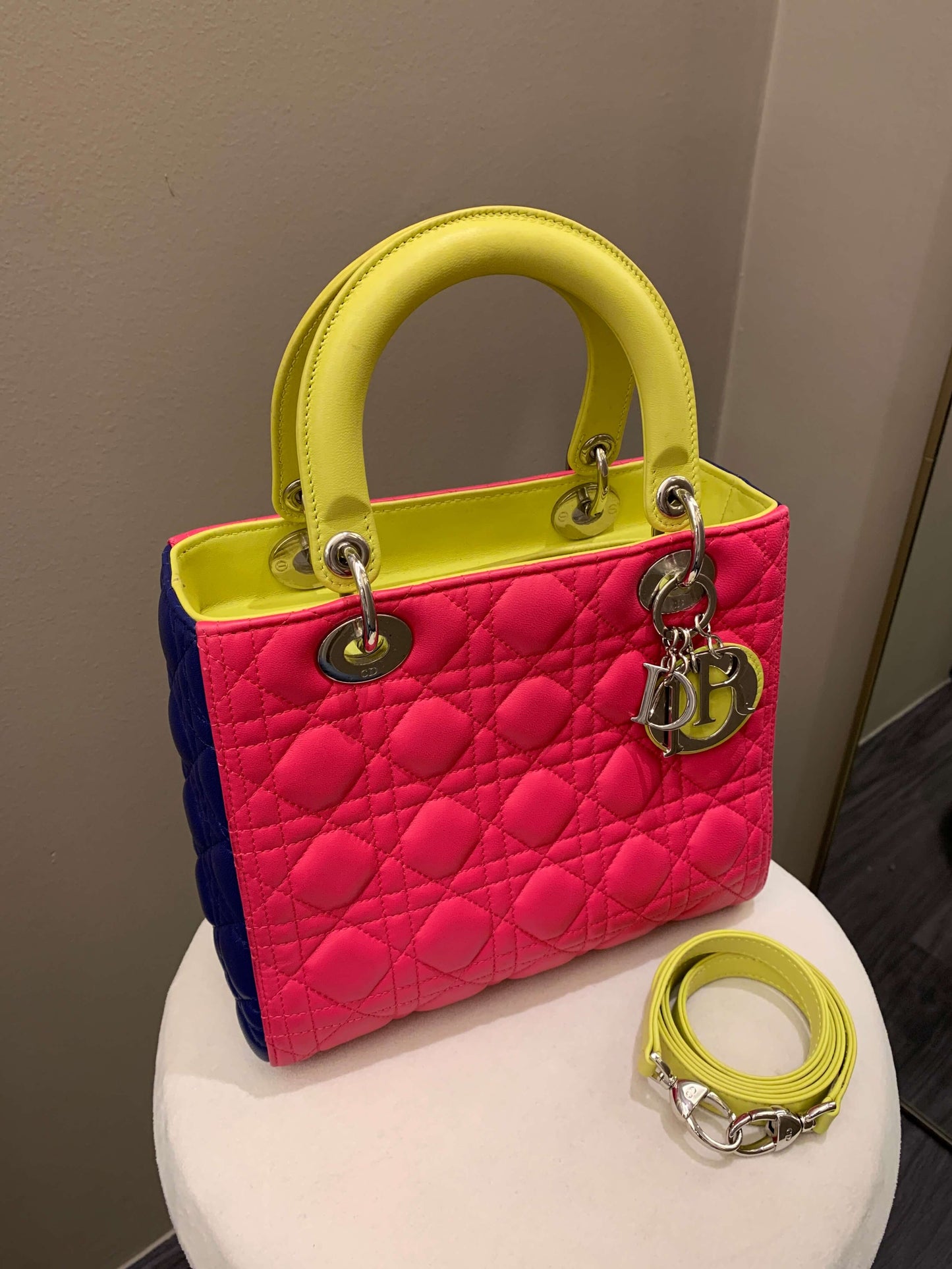 Dior Classic Lady Dior Tri-Color Pink/ Neon /Blue Lambskin