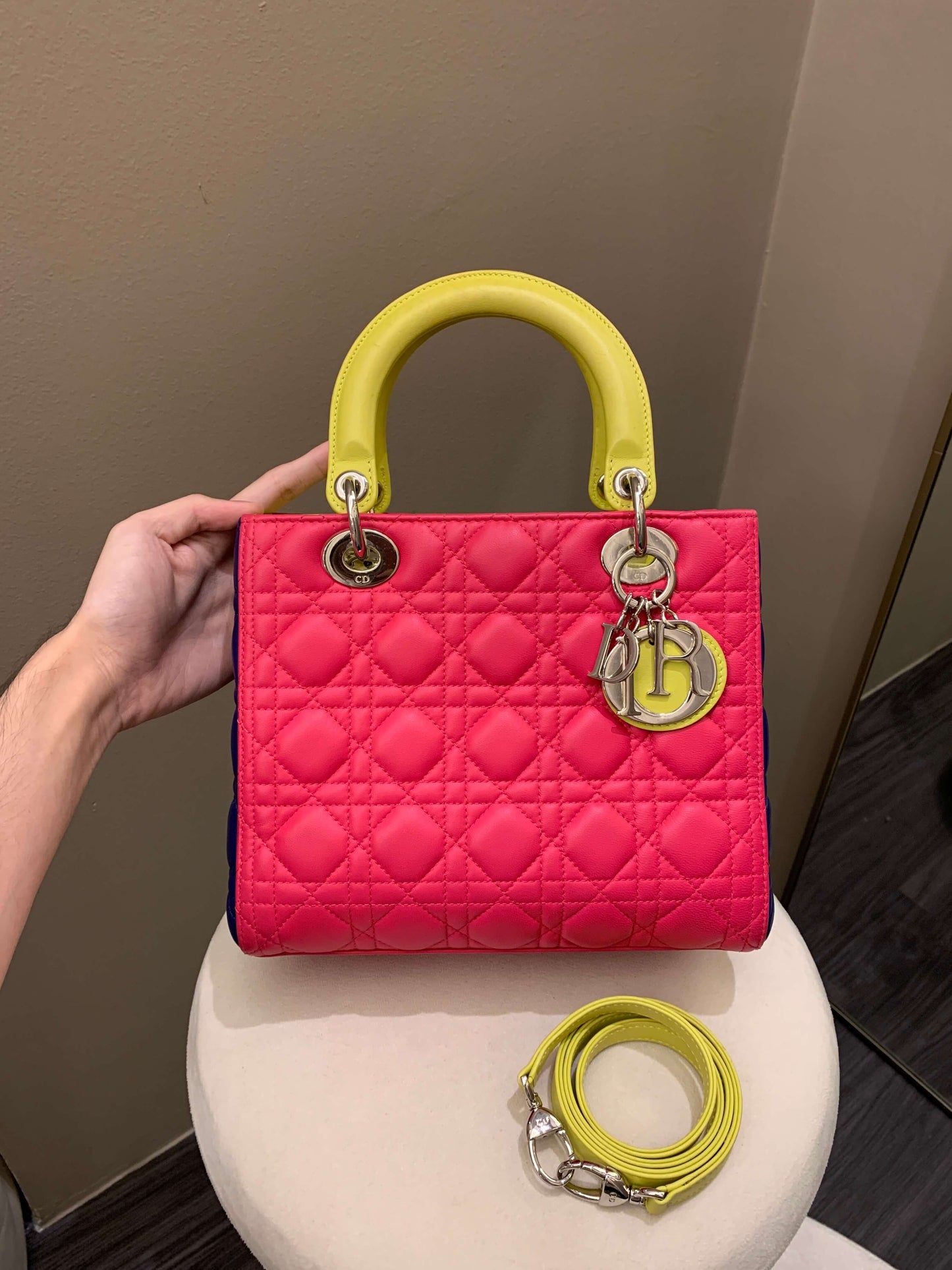 Dior Classic Lady Dior Tri-Color Pink/ Neon /Blue Lambskin