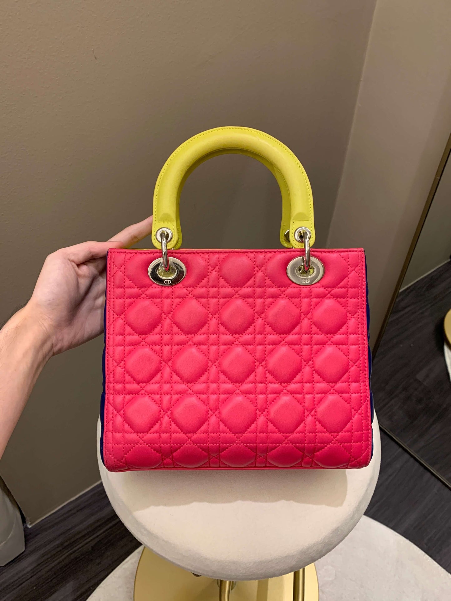 Dior Classic Lady Dior Tri-Color Pink/ Neon /Blue Lambskin