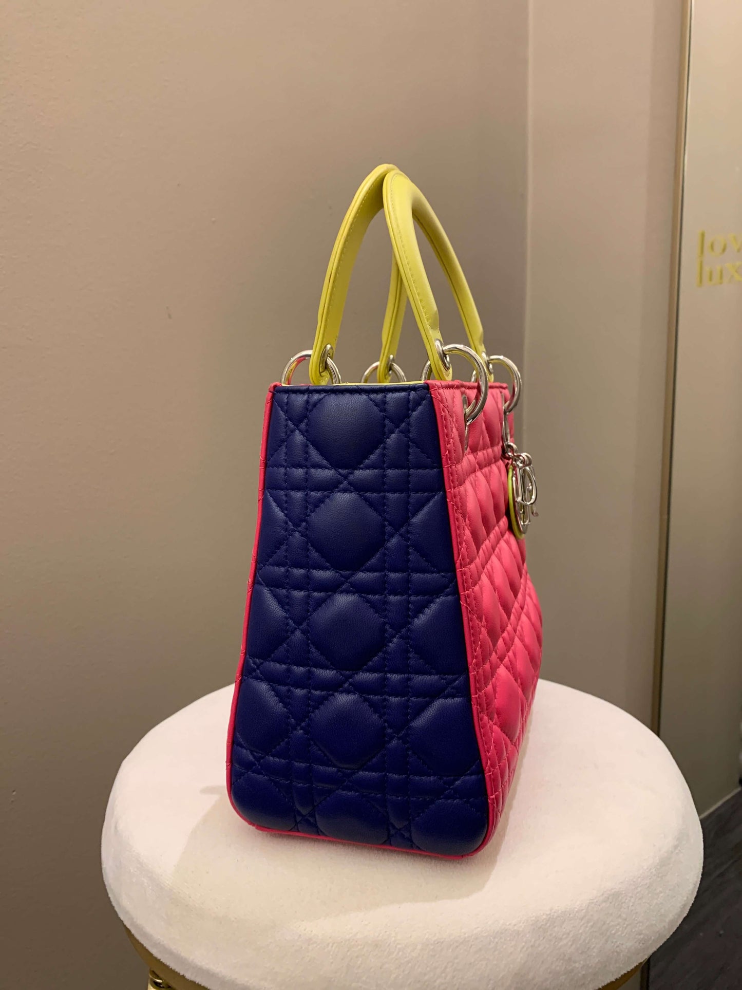 Dior Classic Lady Dior Tri-Color Pink/ Neon /Blue Lambskin