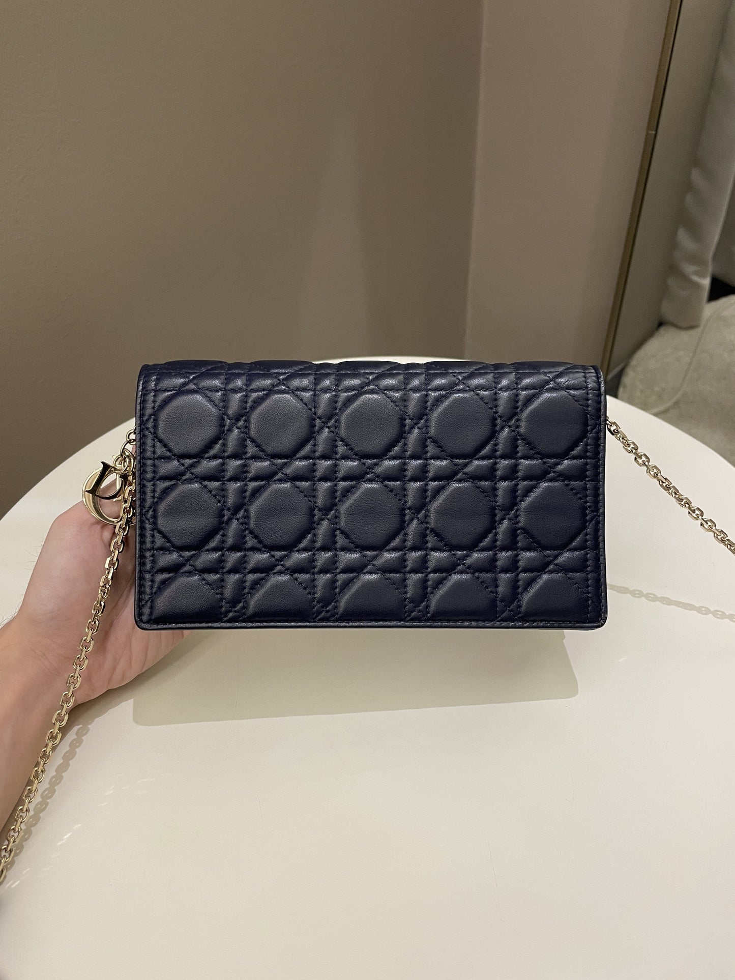 Dior Cannage Chain Shoulder Bag Navy Lambskin