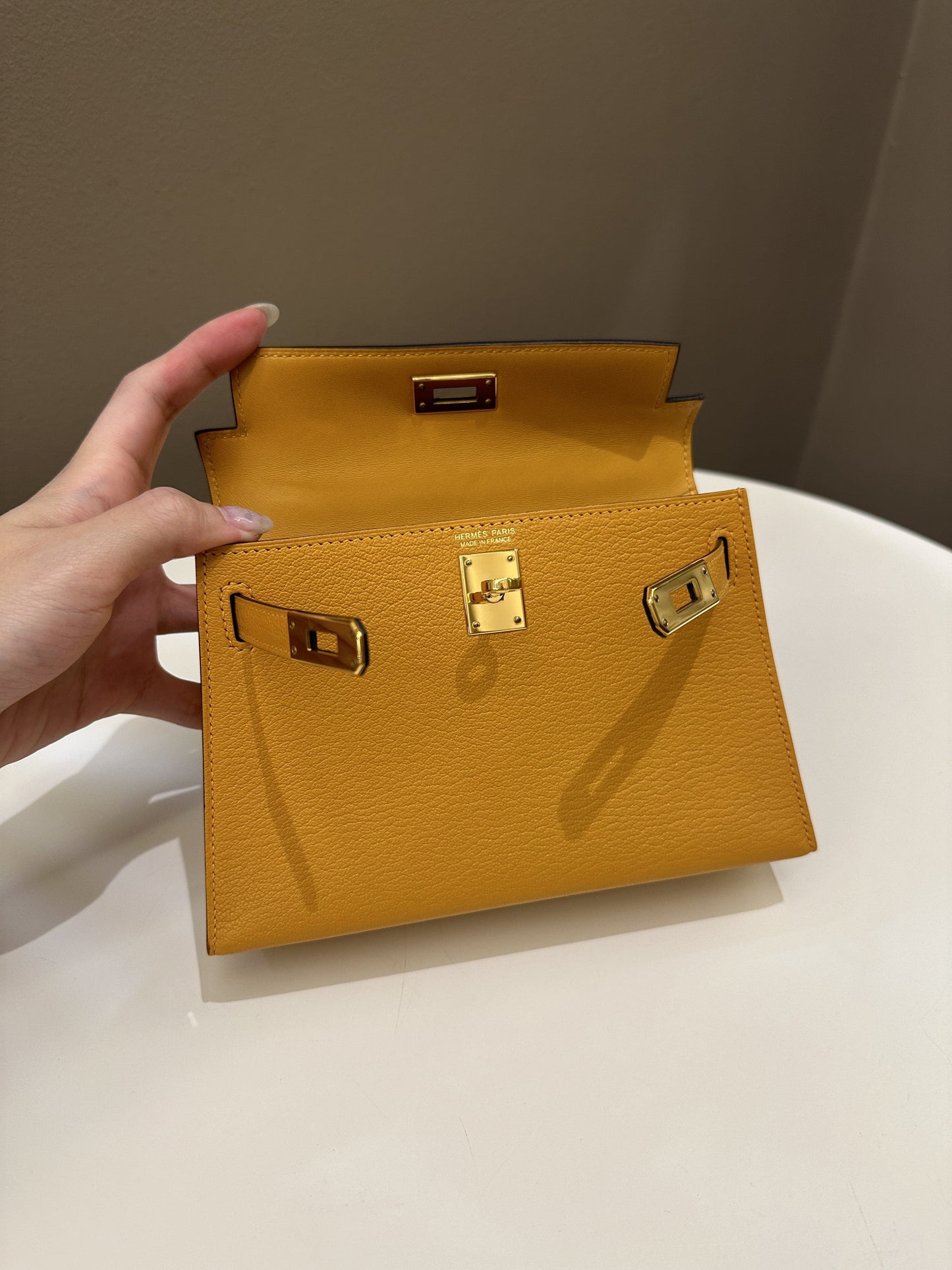 Hermes Mini Kelly 20 Moutarde Chèvre