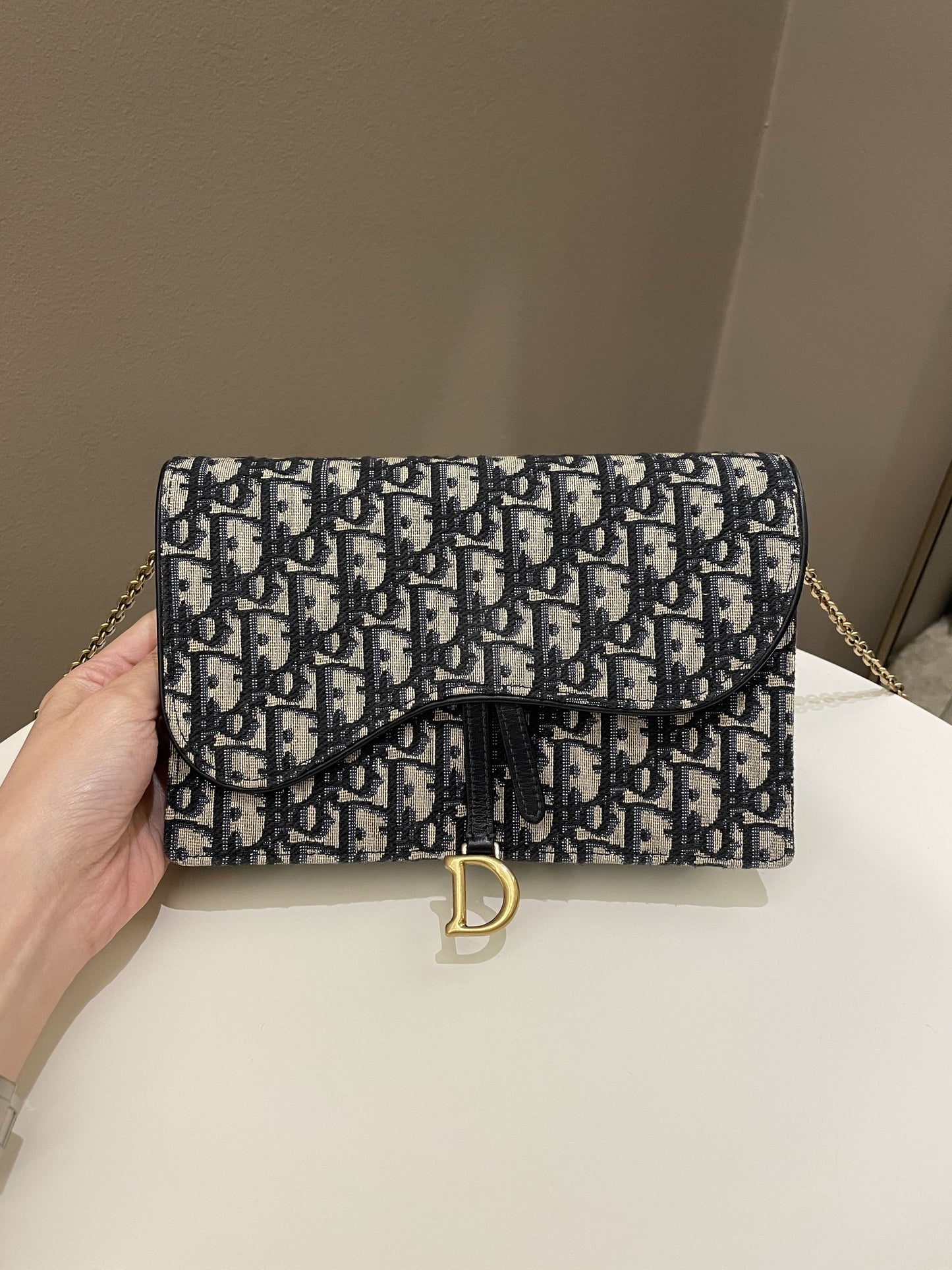 Dior Saddle Pouch with Chain Blue Oblique