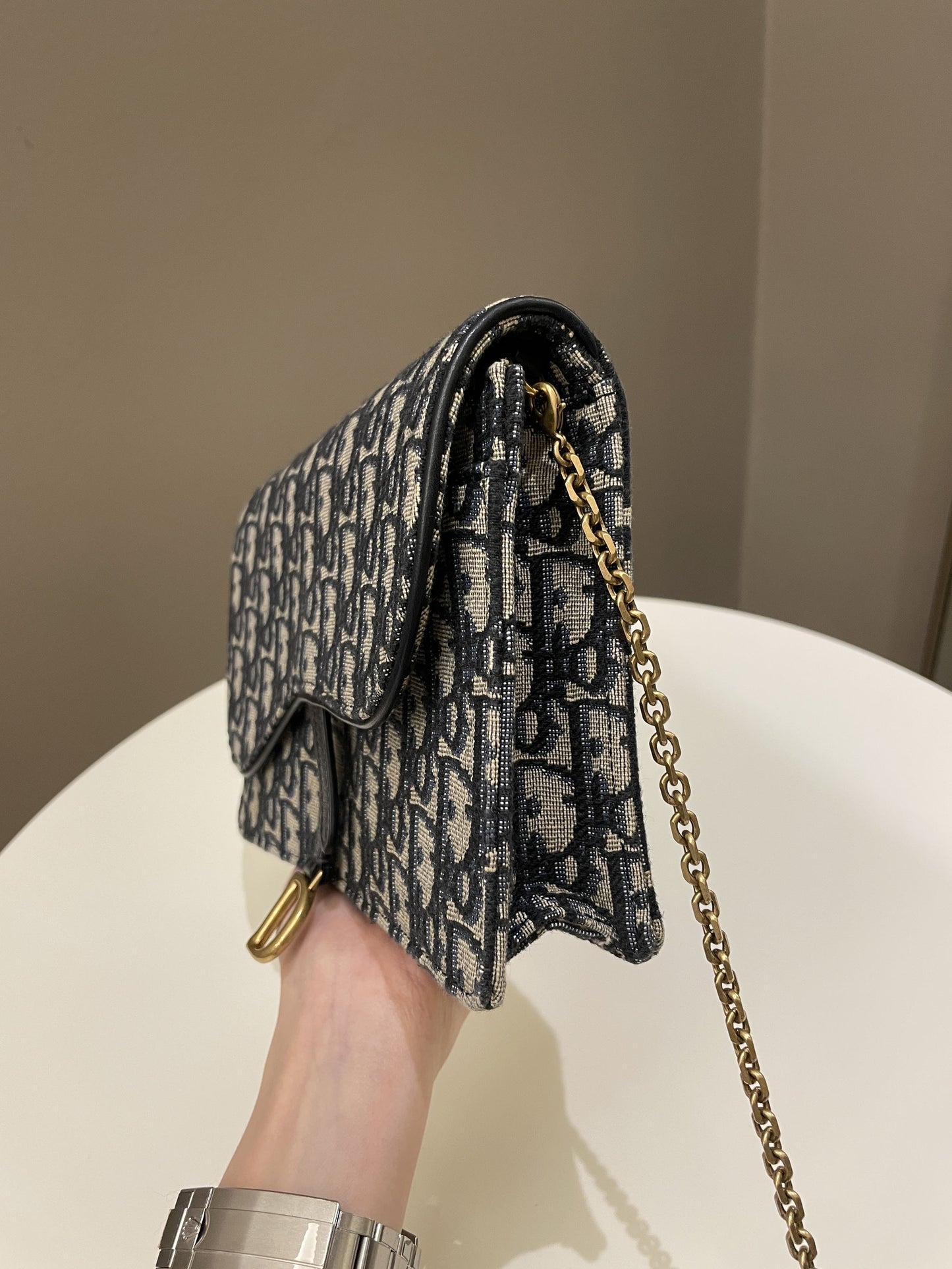 Dior Saddle Pouch with Chain Blue Oblique