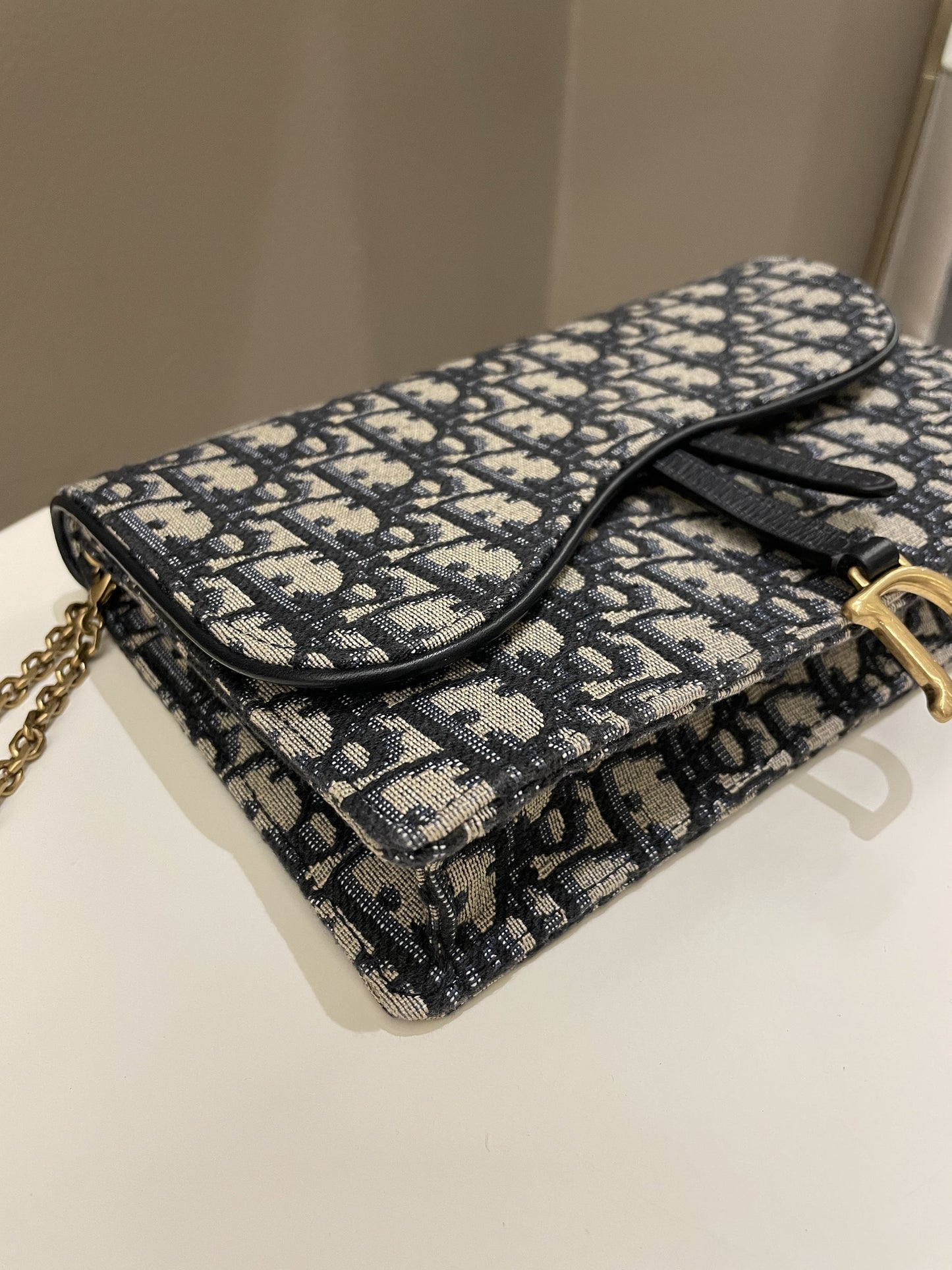 Dior Saddle Pouch with Chain Blue Oblique