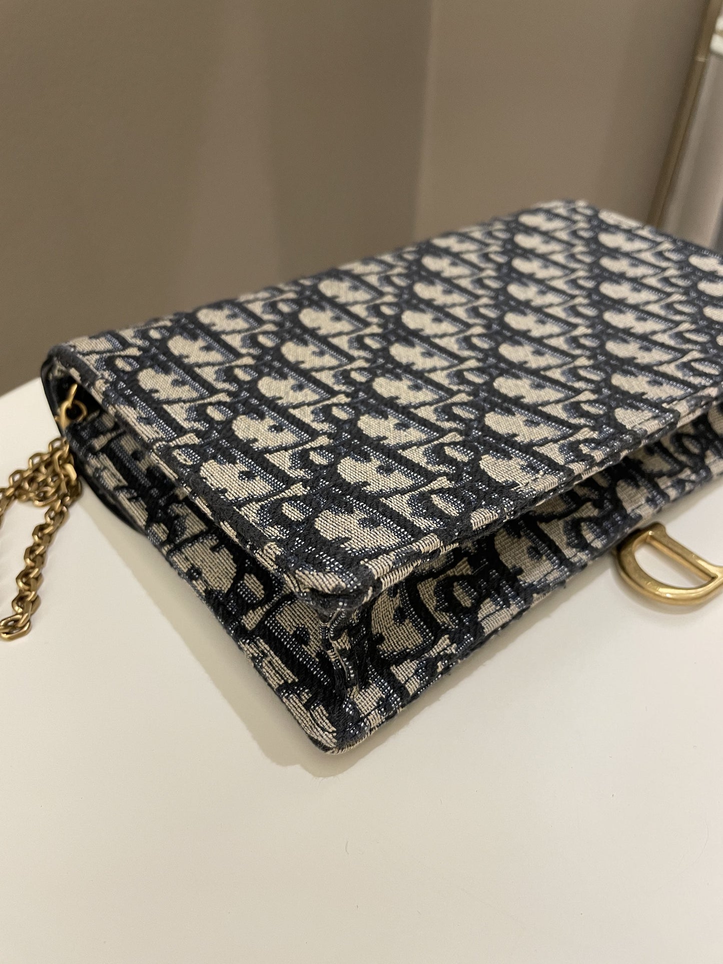 Dior Saddle Pouch with Chain Blue Oblique