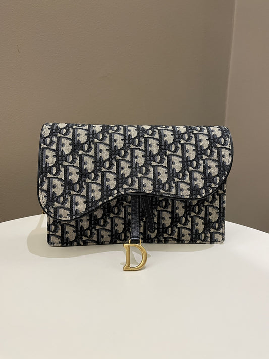 Dior Saddle Pouch with Chain Blue Oblique