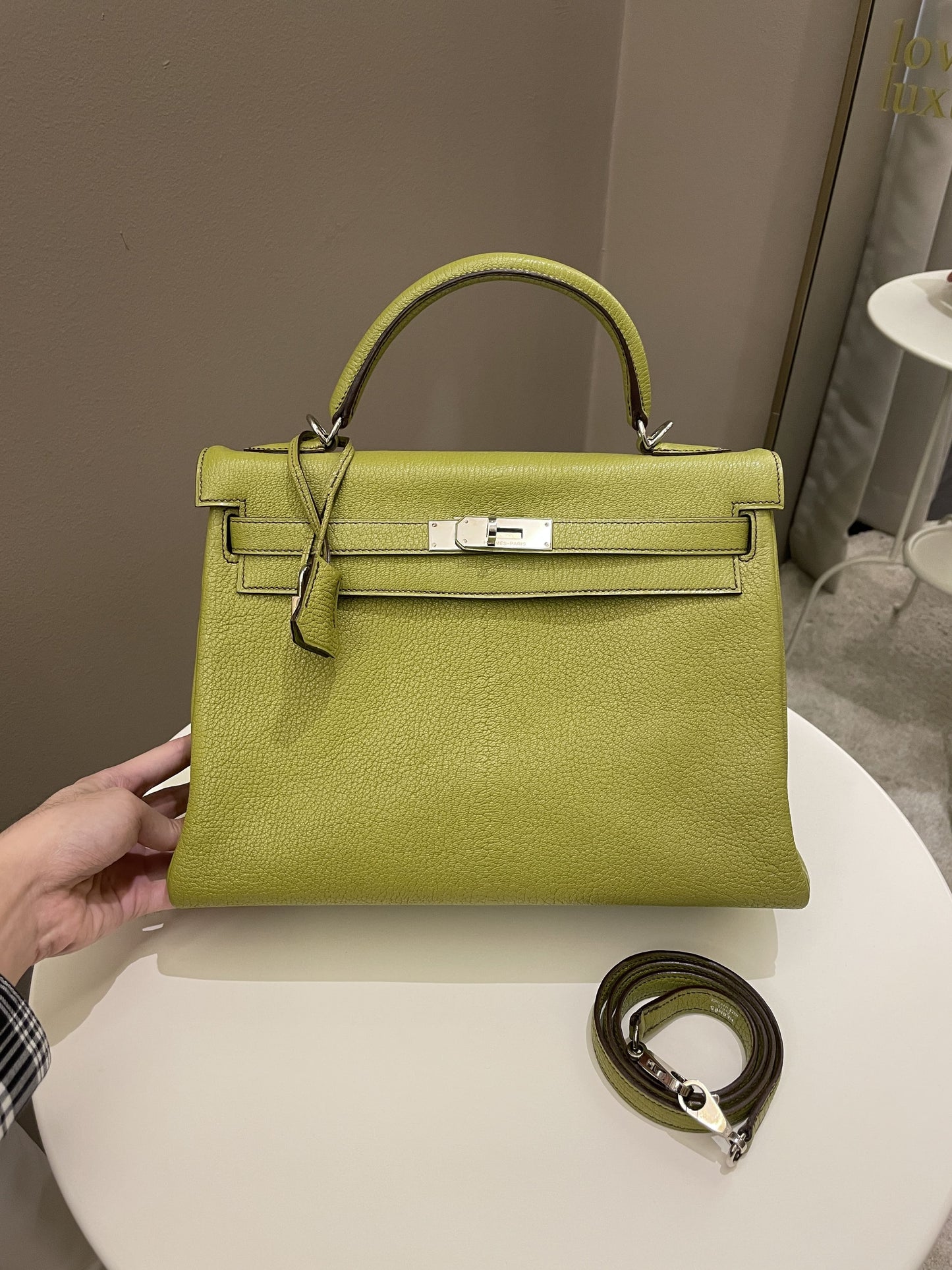 Hermes Kelly Retourne 32 Vert Anis Chèvre