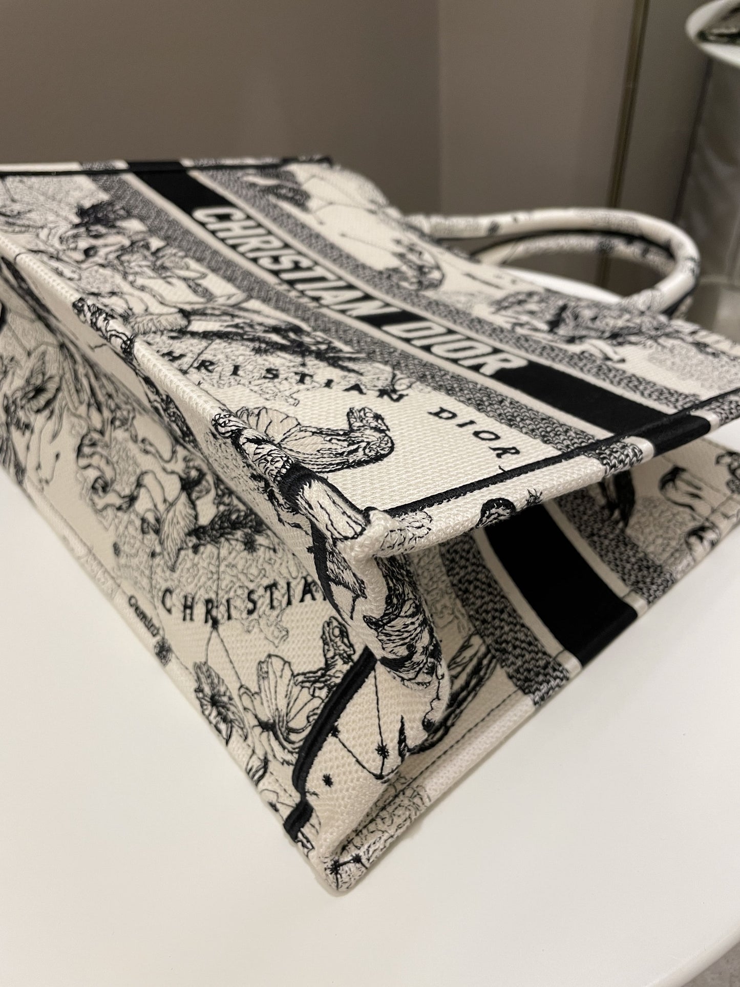 Dior Toile De Jouy Zodiac Book Tote Black/ White Embroidery