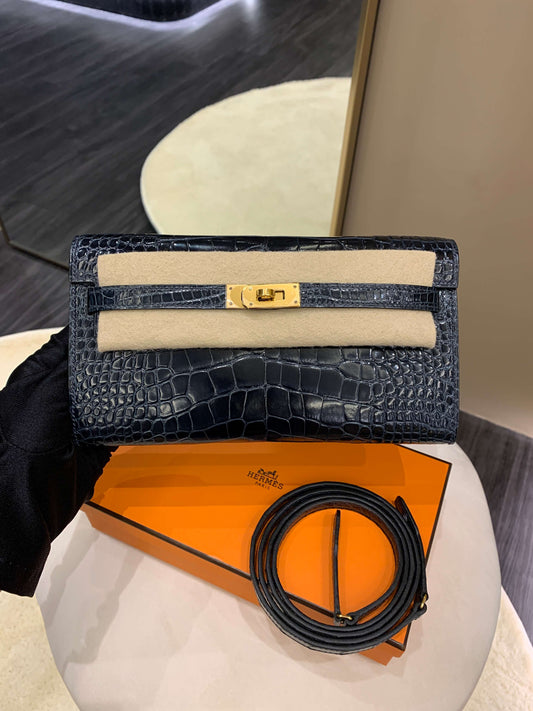 Hermes Kelly To Go Bleu Baltique Alligator