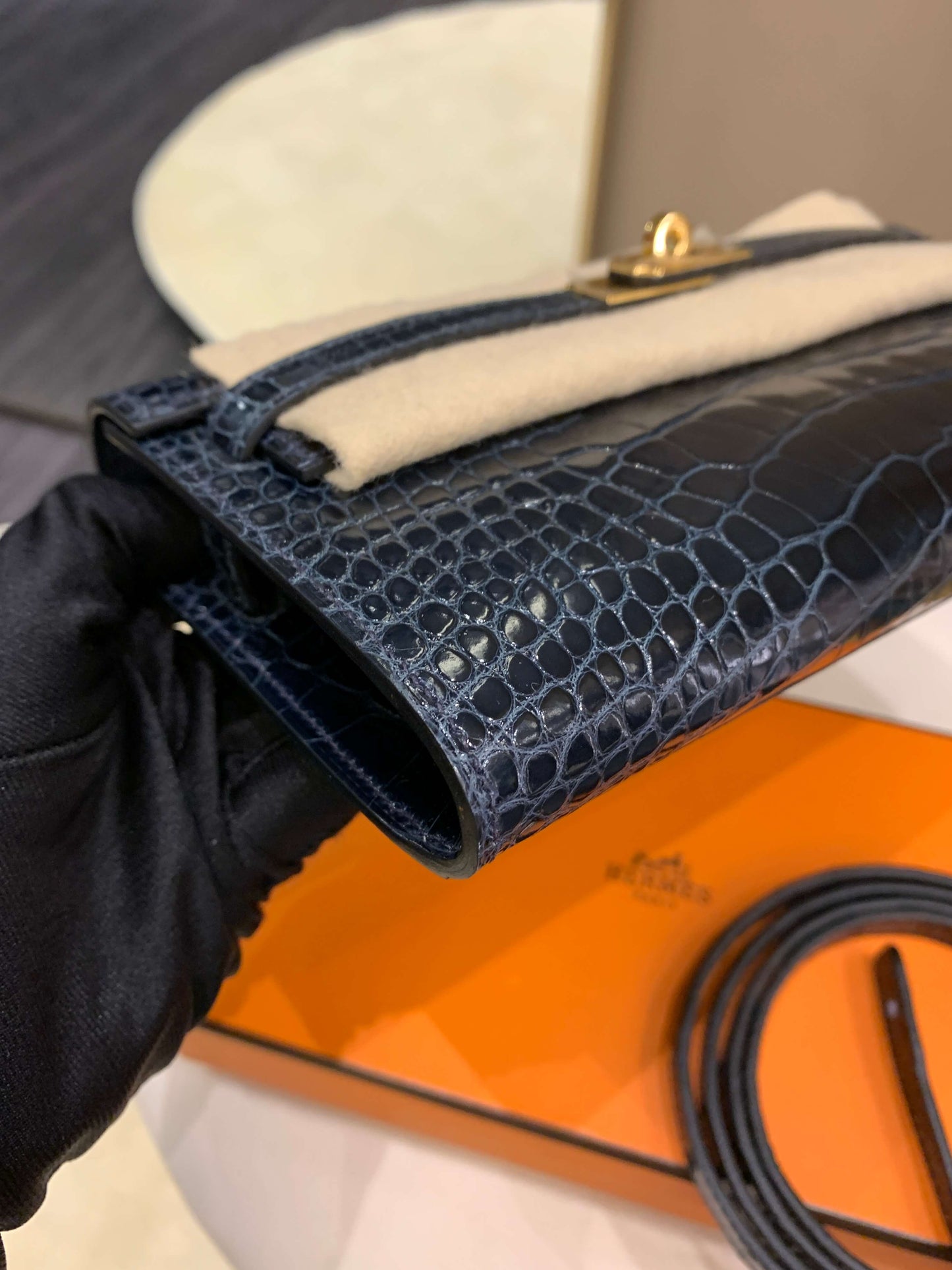 Hermes Kelly To Go Bleu Baltique Alligator