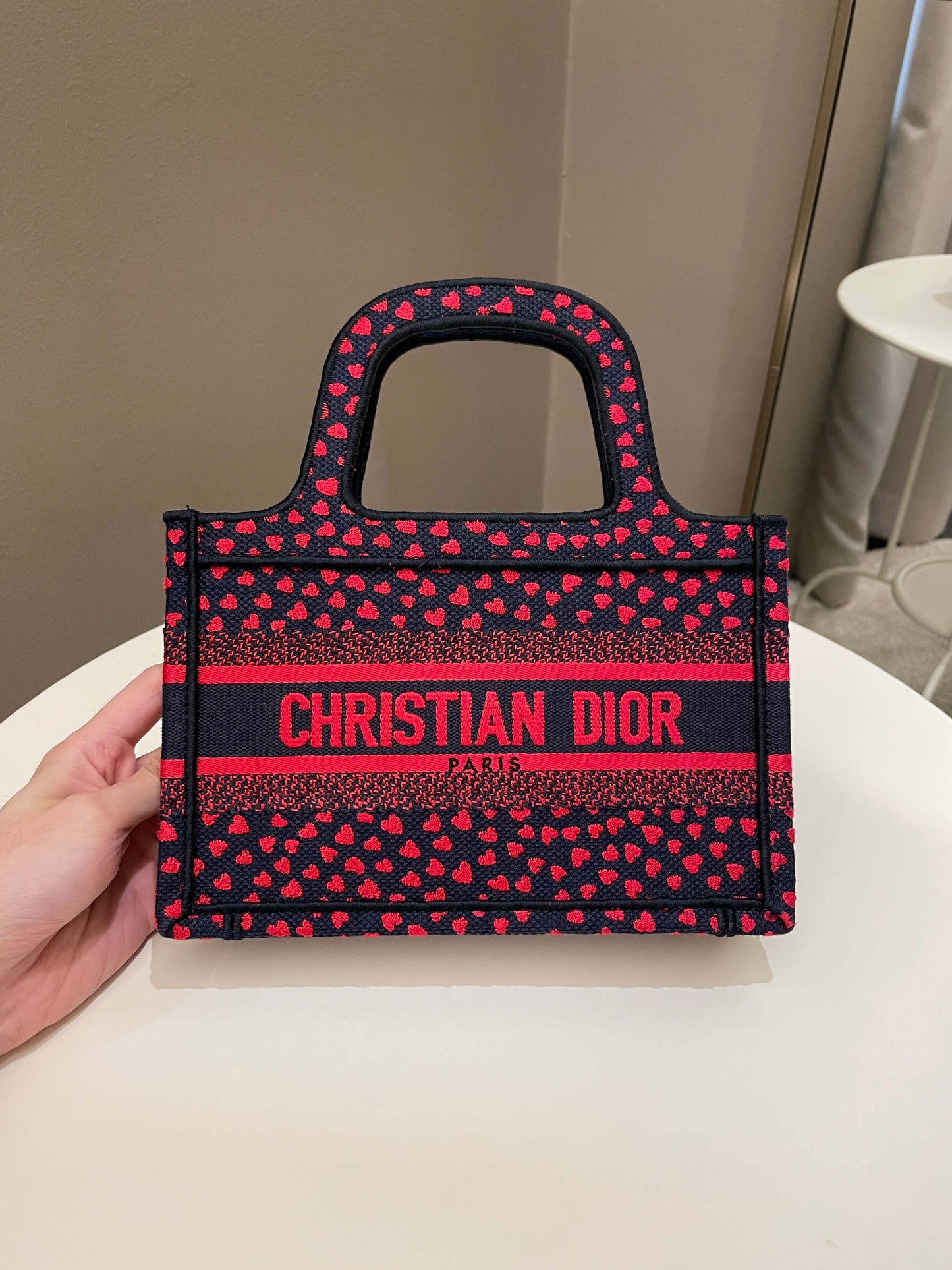 Dior Mini Book Tote Navy Blue / Red Embroidery