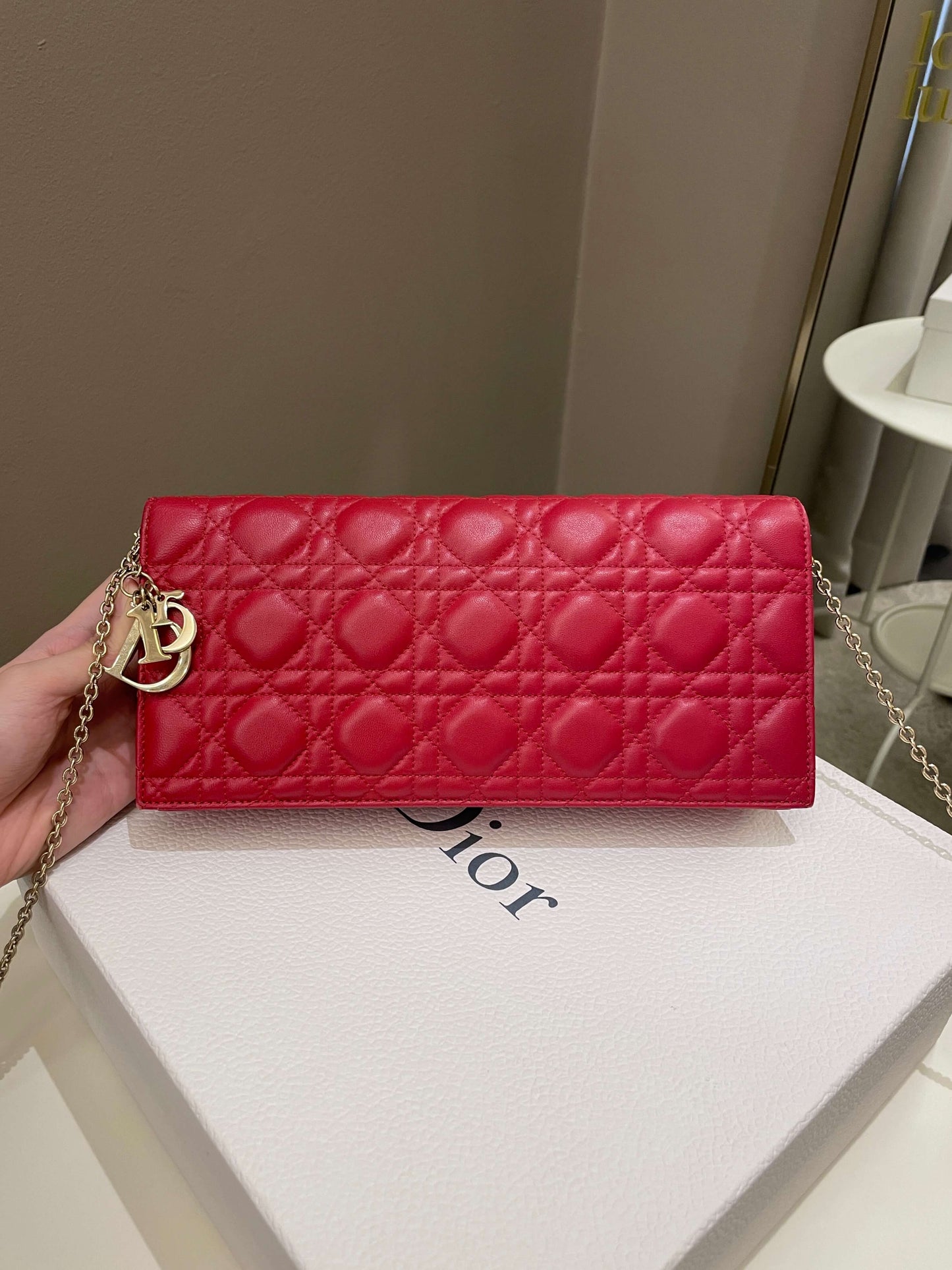 Dior Lady Dior Clutch On Chain Red Lambskin