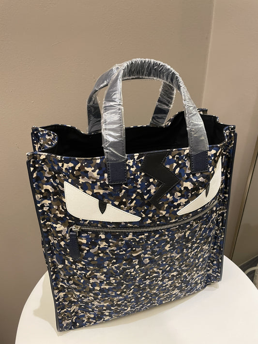 Fendi Printed Monster Tote Bag Navy Nylon