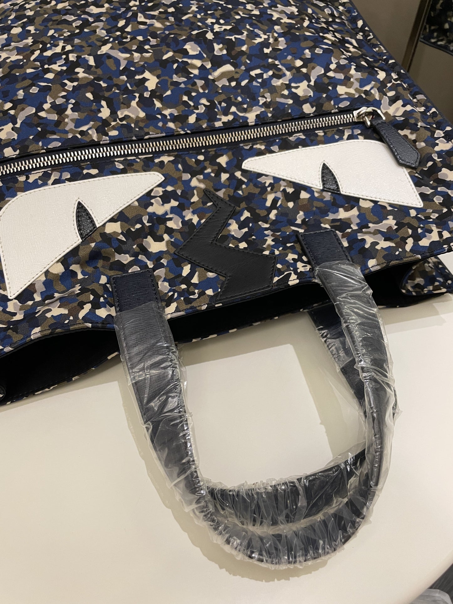 Fendi Printed Monster Tote Bag Navy Nylon