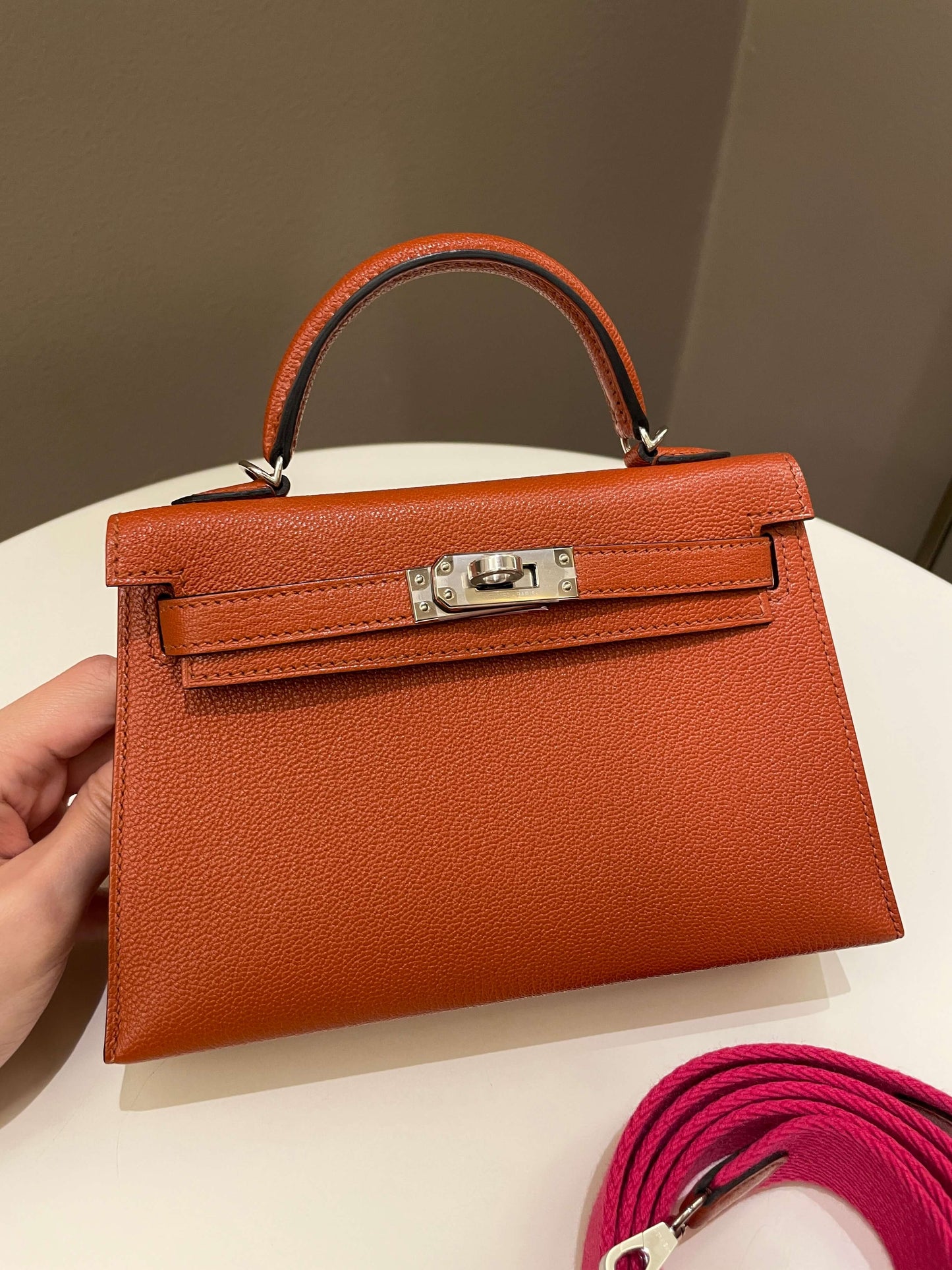 Hermes Mini Kelly 20 Cuivre Chèvre / Rose Mexico