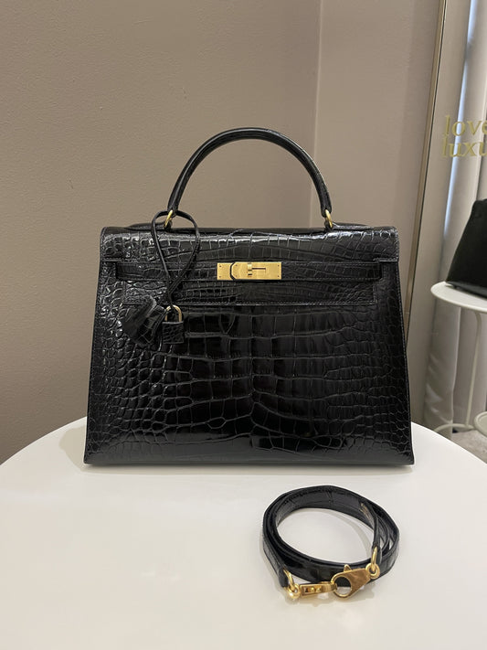 Hermes Kelly Sellier 32 Black Alligator