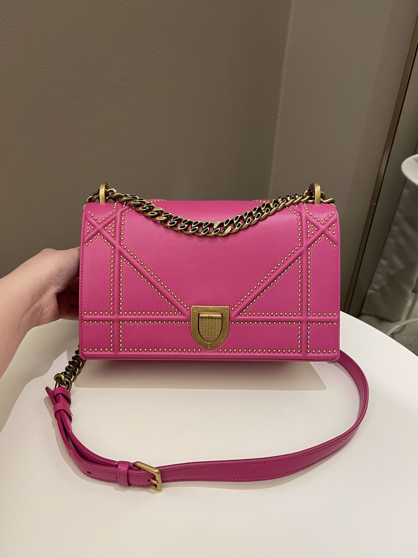 Dior Diorama Studded Flap Bag Rose Fuchsia Matt Calfskin