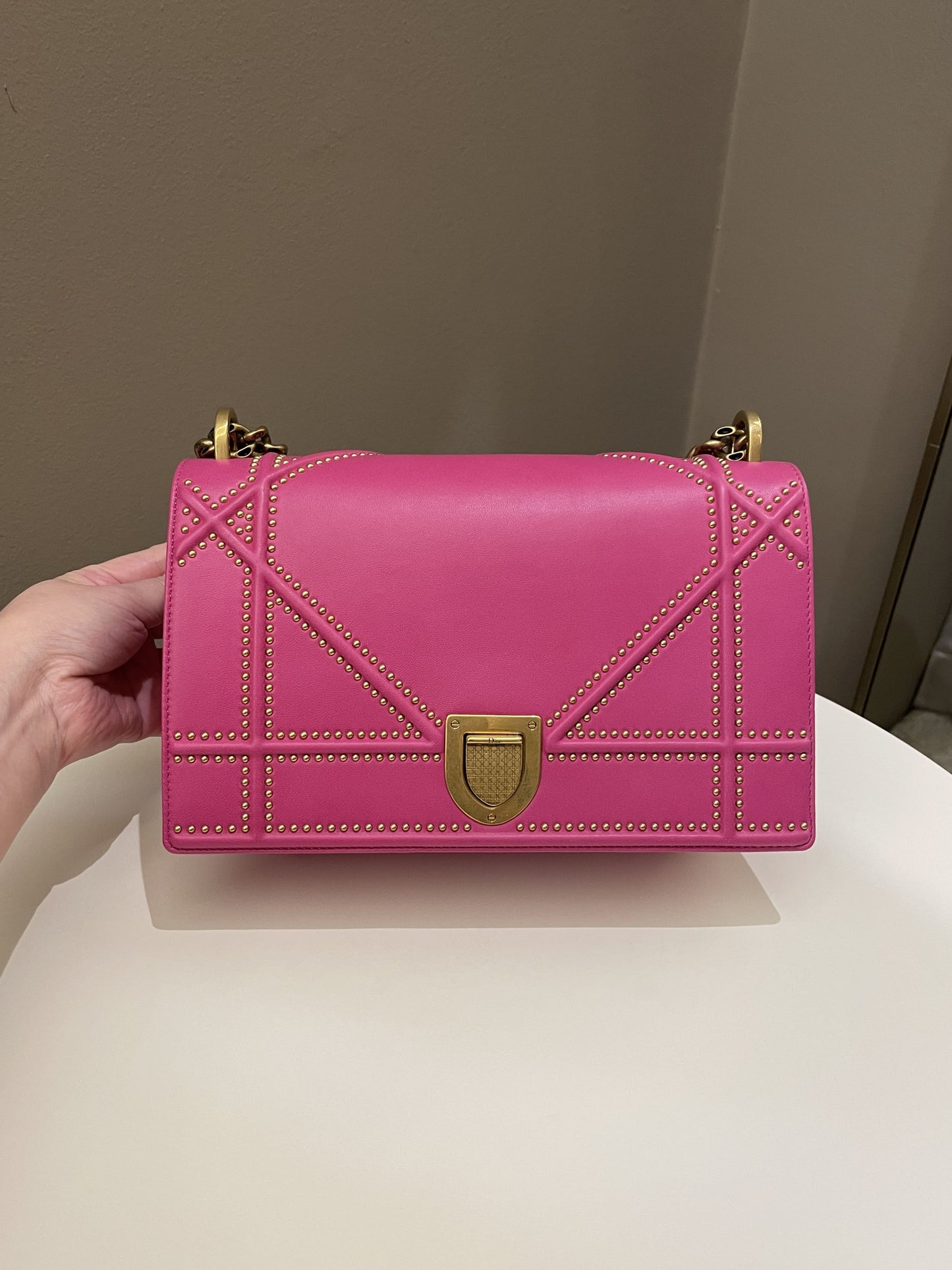 Dior Diorama Studded Flap Bag Rose Fuchsia Matt Calfskin