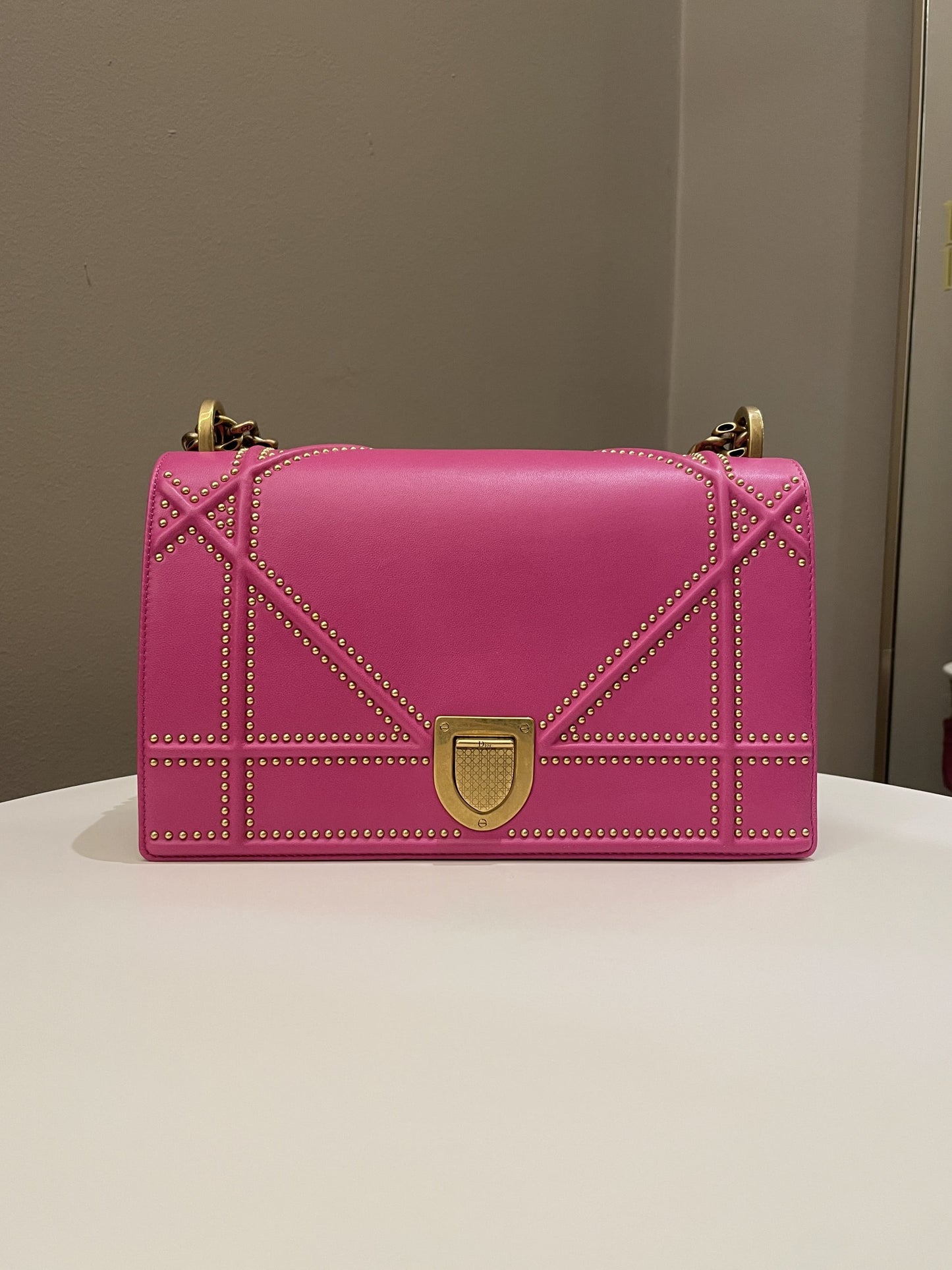 Dior Diorama Studded Flap Bag Rose Fuchsia Matt Calfskin