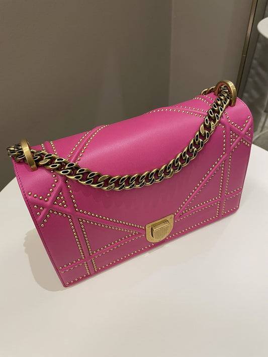 Dior Diorama Studded Flap Bag Rose Fuchsia Matt Calfskin