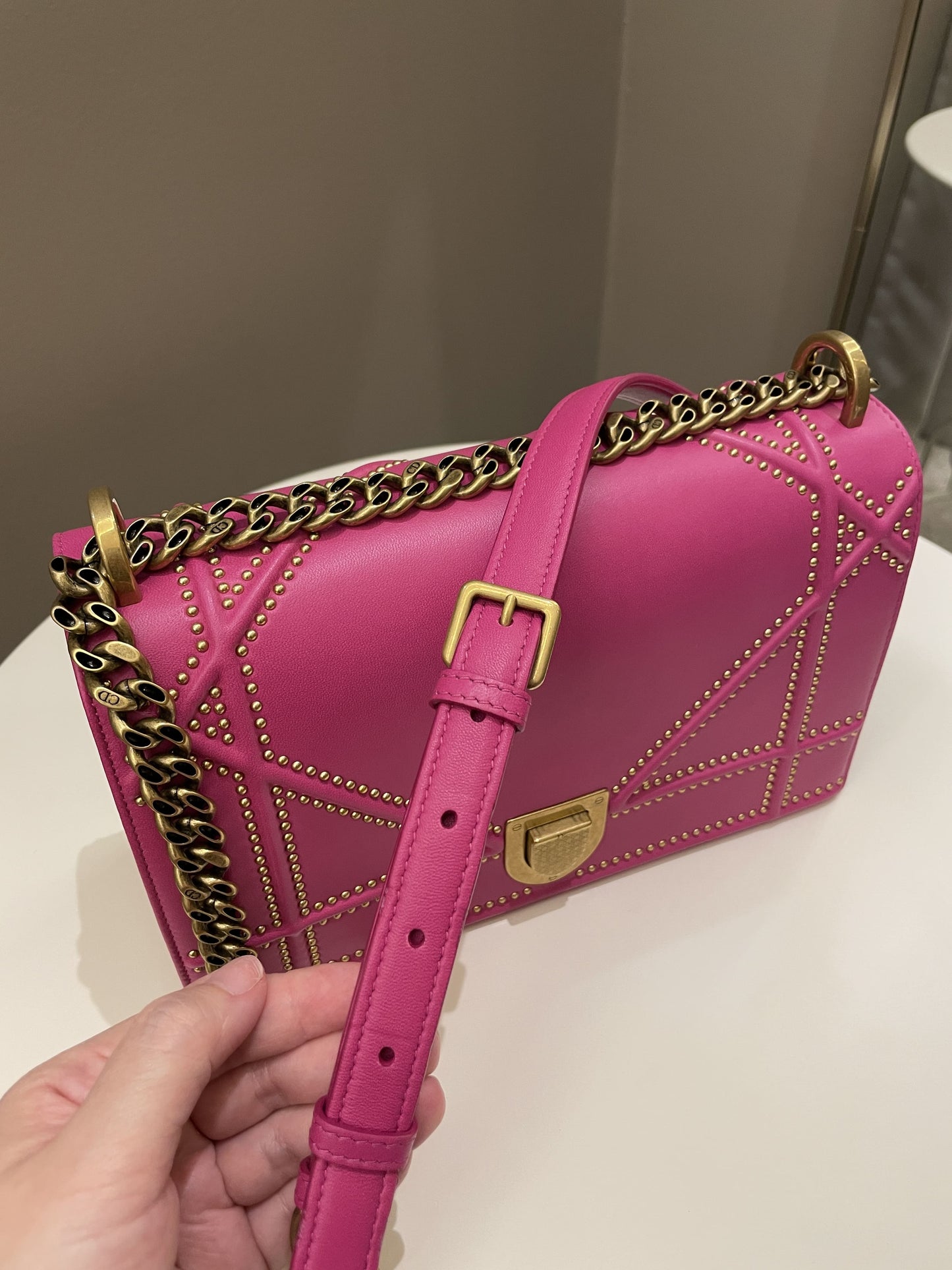 Dior Diorama Studded Flap Bag Rose Fuchsia Matt Calfskin