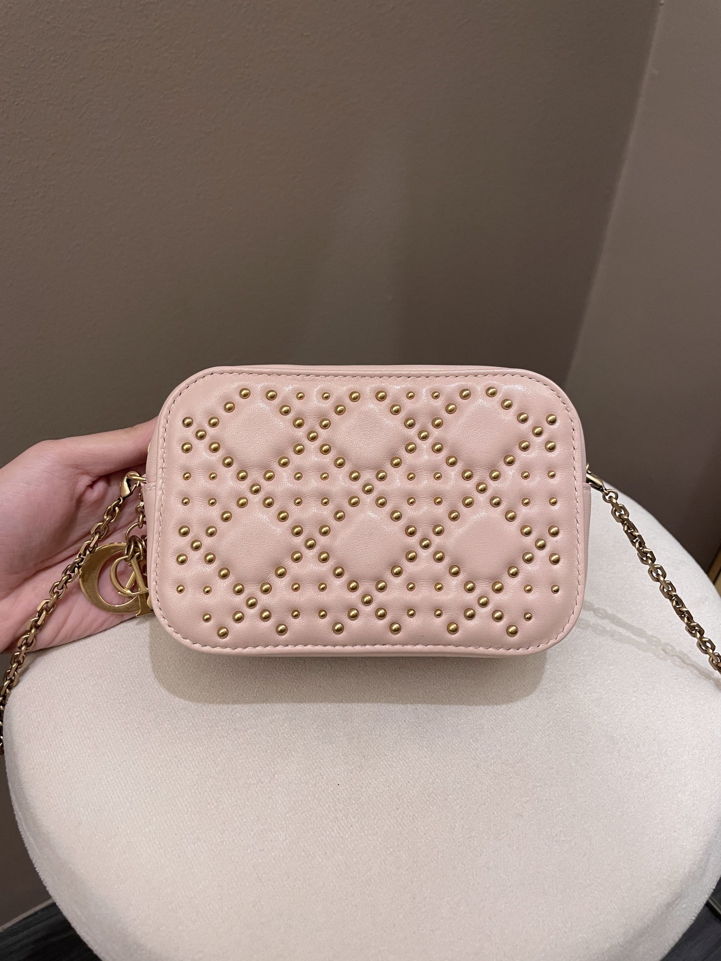 Dior Cannage Studded Lady Dior Camera Bag Powder Beige Lambskin