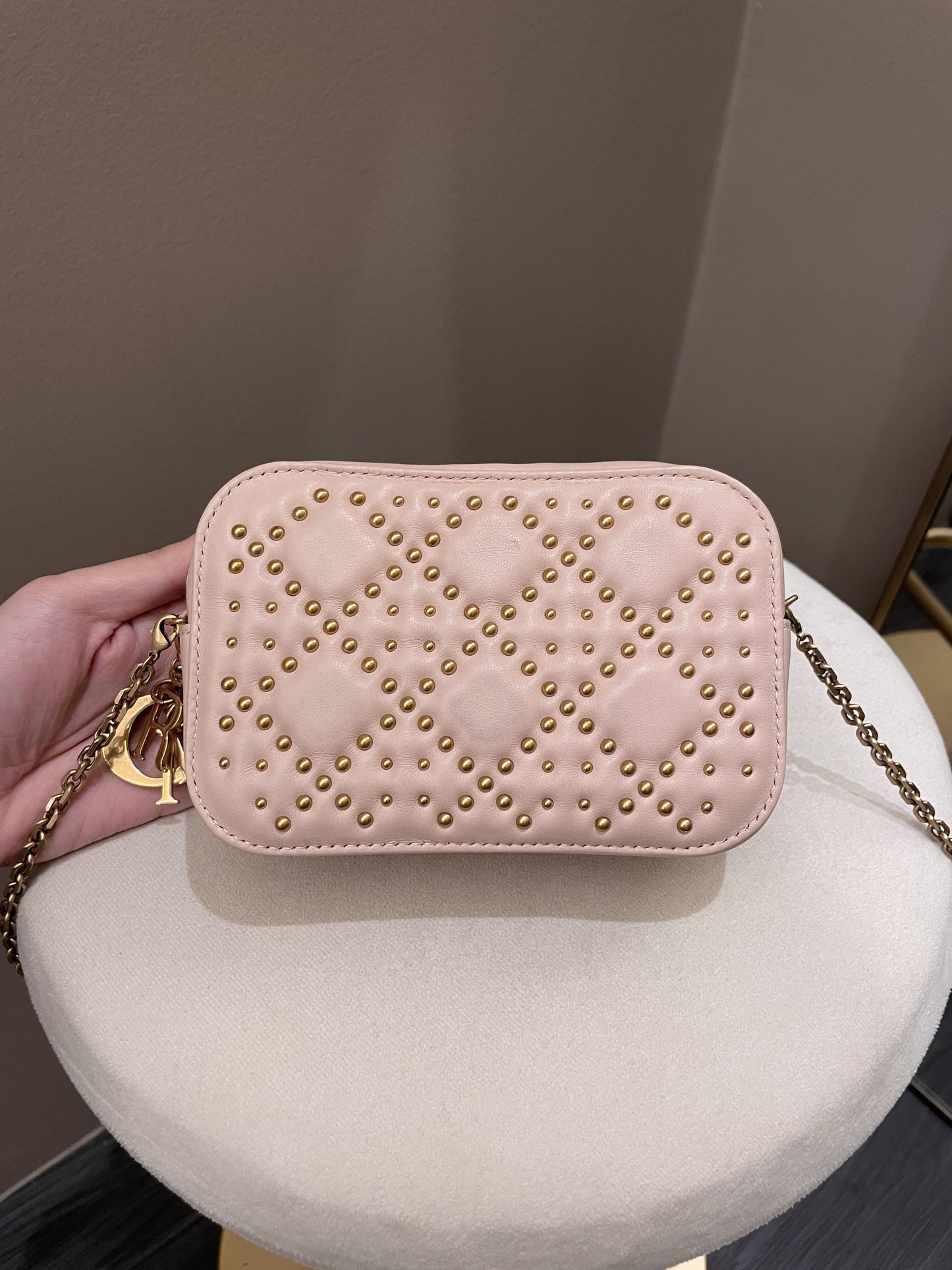 Dior Cannage Studded Lady Dior Camera Bag Powder Beige Lambskin