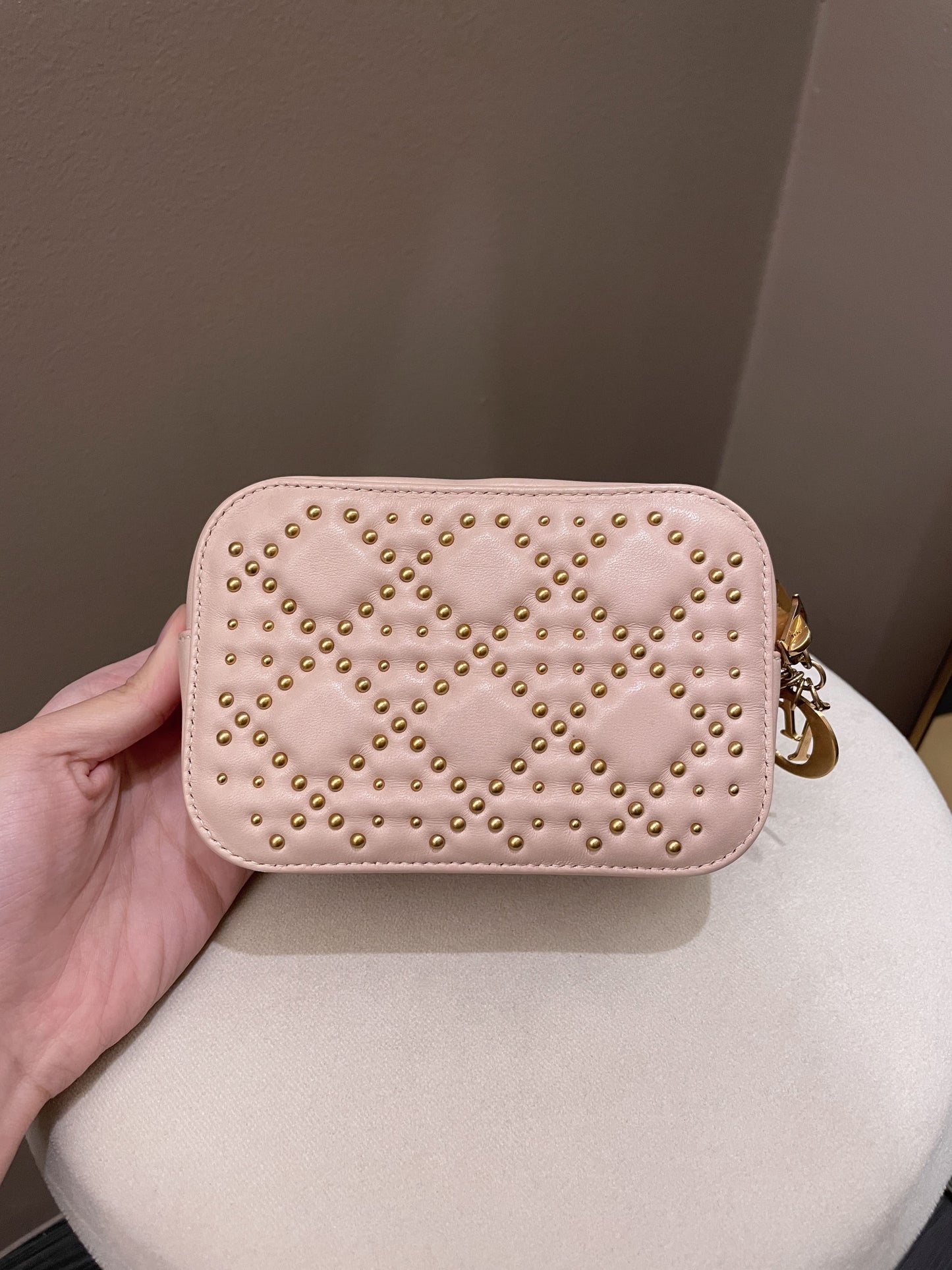 Dior Cannage Studded Lady Dior Camera Bag Powder Beige Lambskin